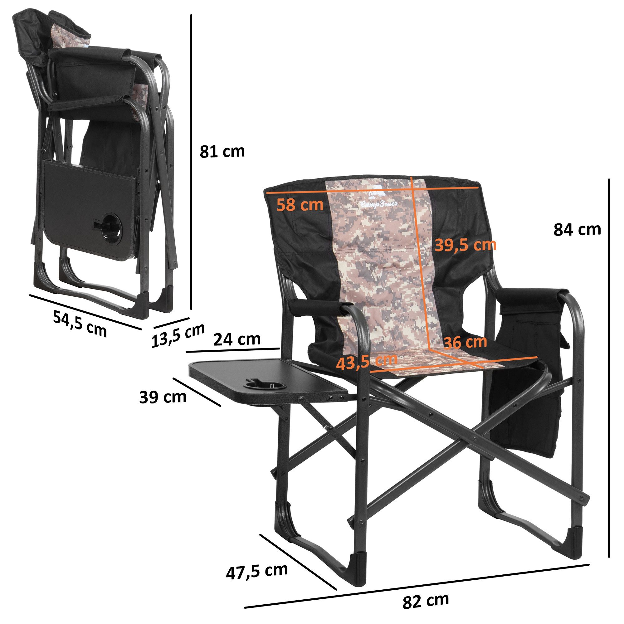 CampFeuer Faltstuhl Campingstuhl Faltbar, Camouflage, Anglerstuhl mit Klapptisch, Inkl. Getränkehalter