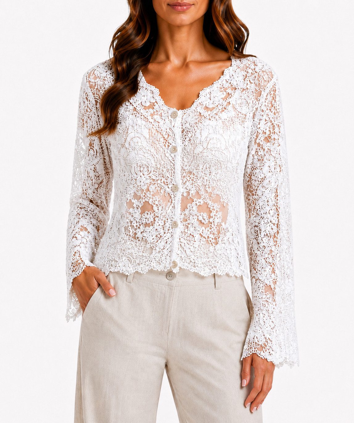 Mississhop Spitzenbluse Damen Spitzenbluse kurz mit Knopfleiste – Boho Spitze Bluse S/M