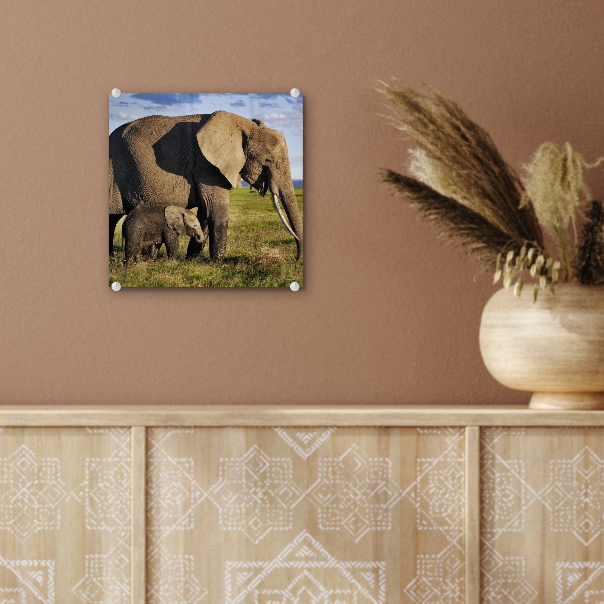 Wanddekoration Grau, Elefant Foto - - auf - - Acrylglasbild MuchoWow Wandbild - - Glasbilder Bilder Grasland Glas Glas - auf Grün Tiere (1 St),