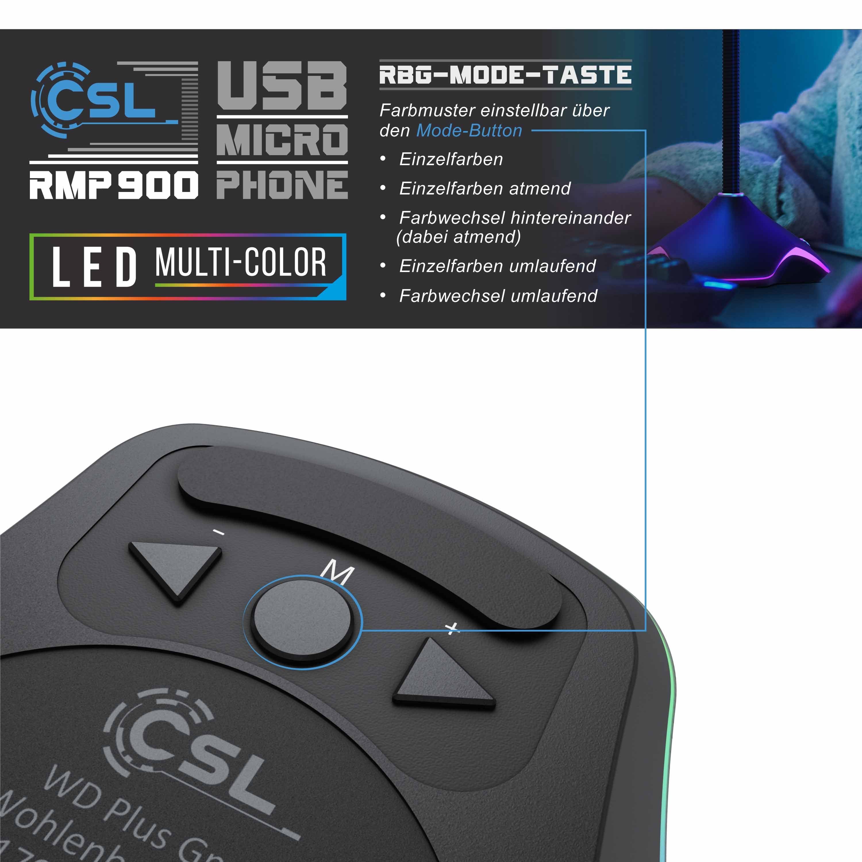 CSL Standmikrofon USB Desktop Mikrofon mit RGB Beleuchtung, RMP 900 Tischmikrofon (1-tlg), für Podcast, Streaming, Videocalls und Gaming, Plug and Play – Bild 5 von 5