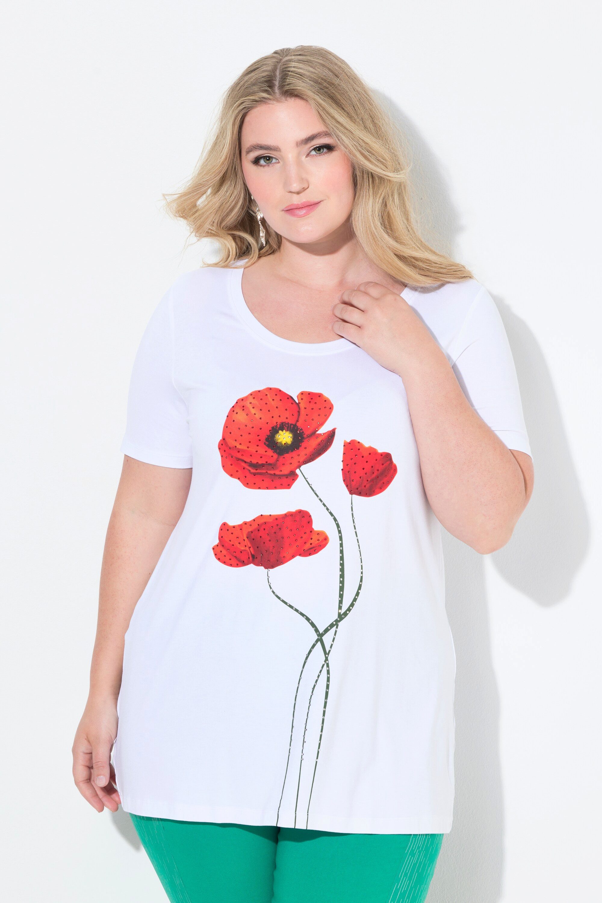 T-Shirt T-Shirt A-Linie Glitzersteinchen Blüten-Motiv