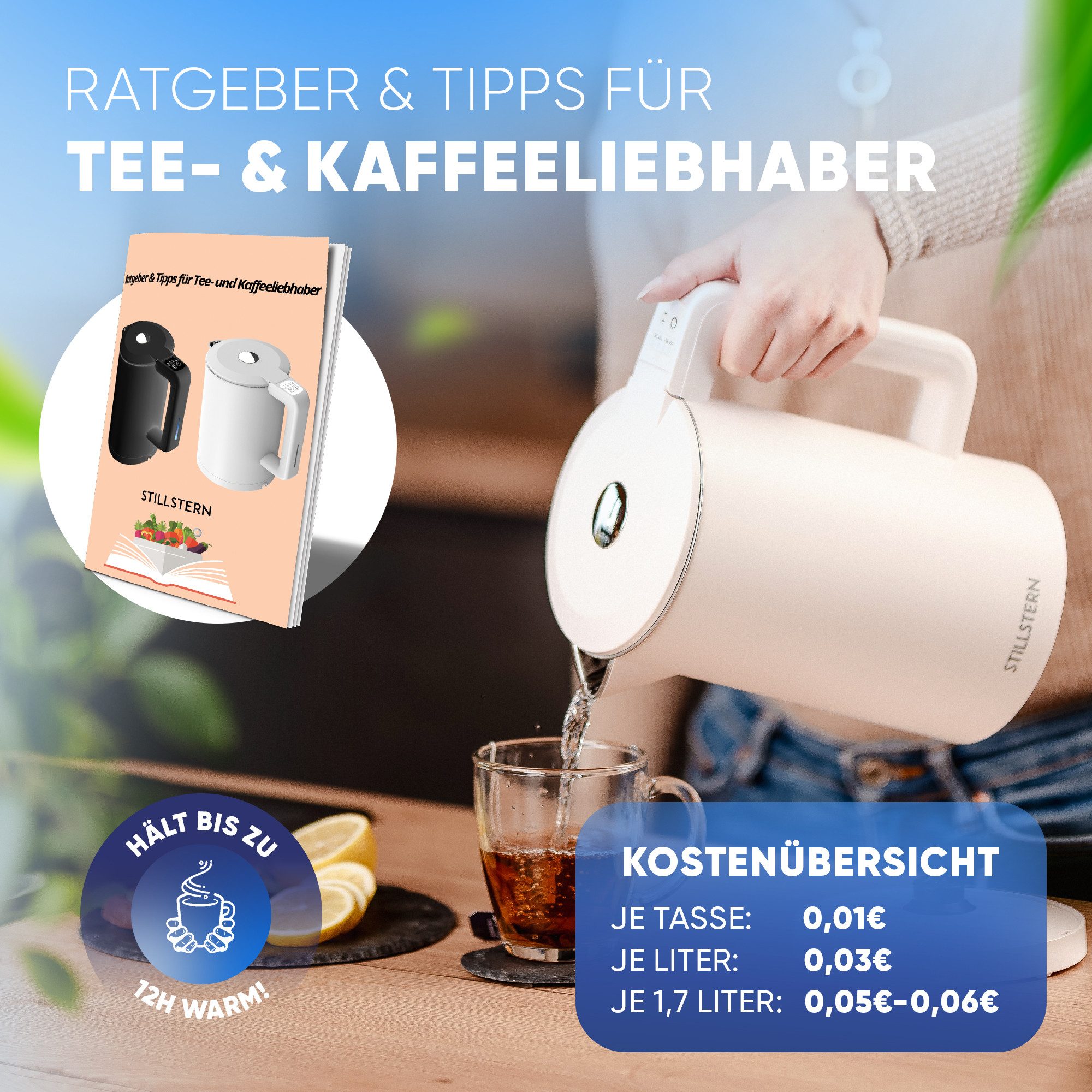 Stillstern Wasserkocher Wasserkocher 1,7L, Schnelles Aufkochen, mit Temperatureinstellung, 1.7 l, 2200 W, 2200W, 12 Std. Warmhaltefunktion, Leise