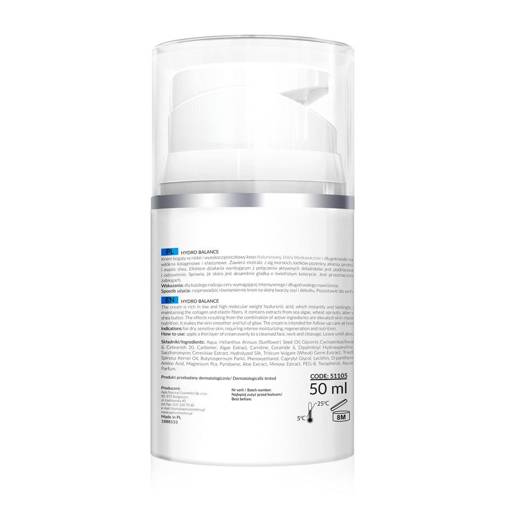 Apis Natural Cosmetics Hyaluron Serum APIS HYDRO BALANCE, Creme mit Hyaluronsäure, 50 ml