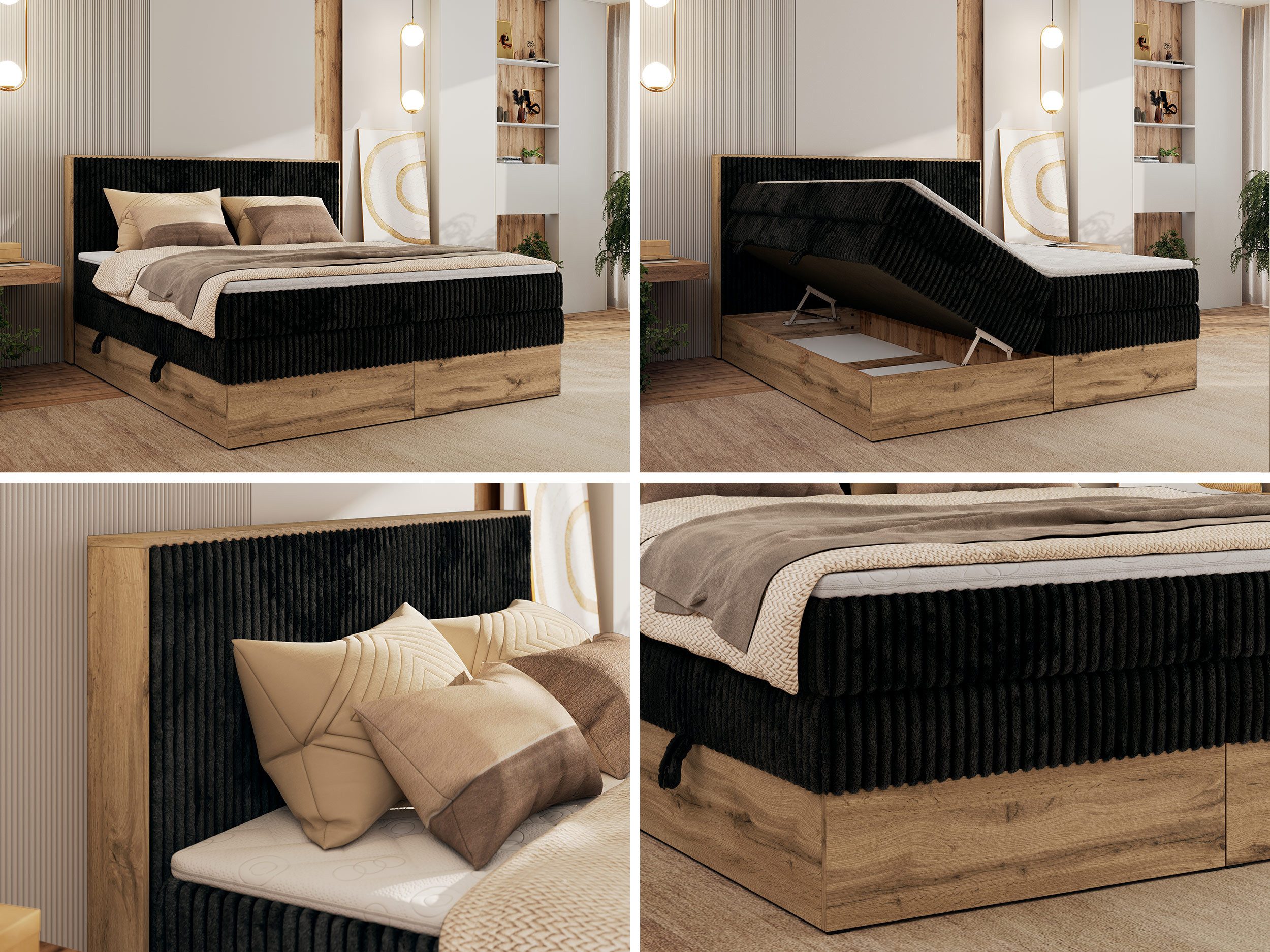 MKS MÖBEL Boxspringbett WOOD CLASSIC KING (Packung, Set, Topper T25/Visco, hohe Kopfteil, Multipocket-Matratze), Polsterbett, zwei Bettkästen, Möbelplattenelementen