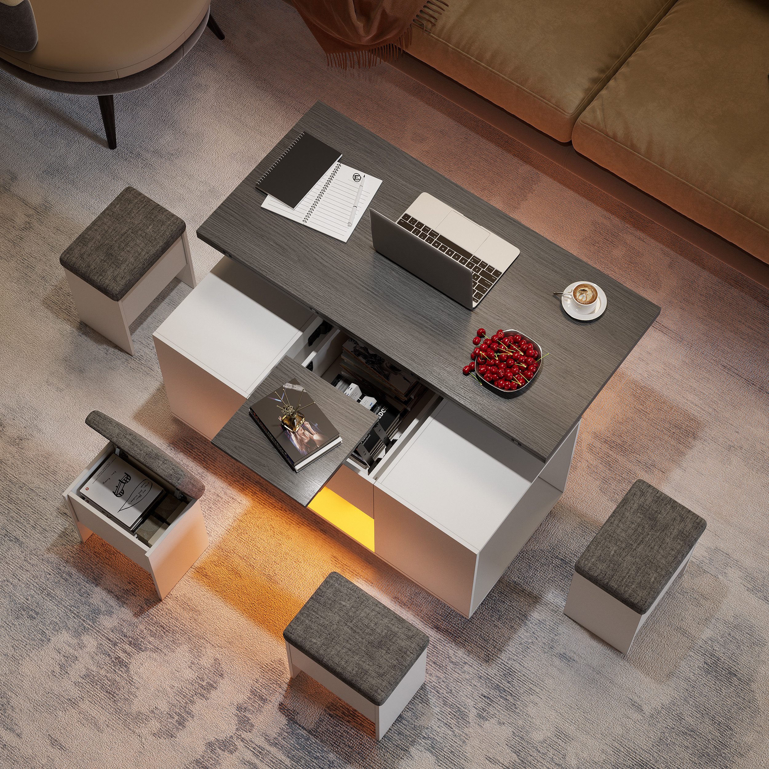TWSOUL Couchtisch Ausziehbar Platte und höhenverstellbar mit Stauraum 4 Hockern, LED&Rollen Verwandlungs Esstisch Sofatisch, 105 * 100/50 * 55.5 cm
