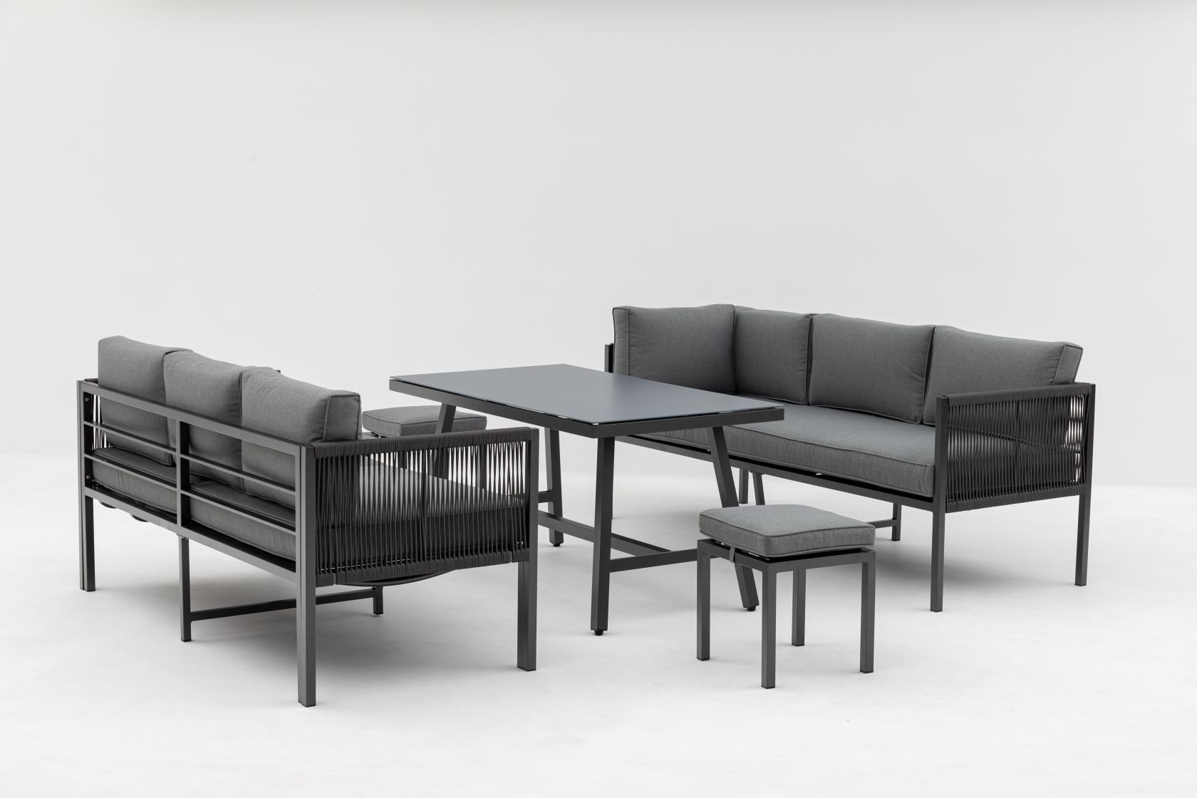 Gardissimo Gartenlounge-Set Aruba Gartenmöbelset / Dining Lounge Set Alu, (Set, 4-tlg., Alu, Ecklounge, Esstisch, 2 Hocker, inkl. Auflagen), UV-beständig / verstellbare Liegefläche / flexibel aufstellbar