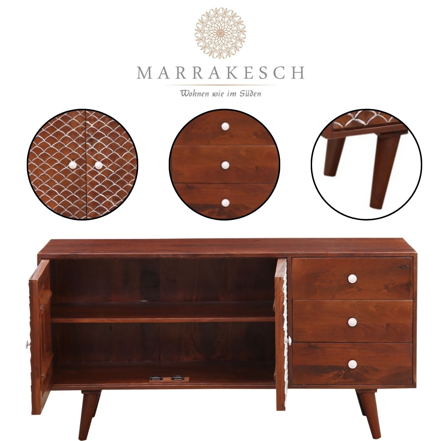 Marrakesch Orient & Mediterran Interior Lowboard Vintage TV Schrank Board Bank Lowboard Mathis Braun 145cm (1 St), Handarbeit