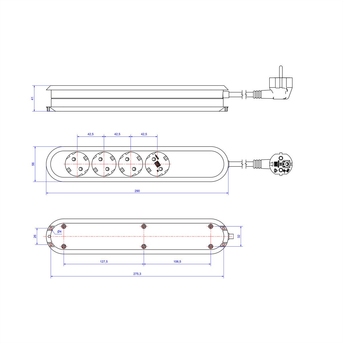 Bachmann SMART Steckdosenleiste 4x Schutzkontakt, Schalter Steckdosenleiste (Kabellänge 1.5 m), 381.130K