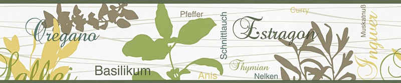 A.S. Création Bordüre Only Borders 11, strukturiert, botanisch, floral, mit Schrift, Bordüre selbstklebend, Bordüre Küche, Papier, Wand, Decke, Schräge