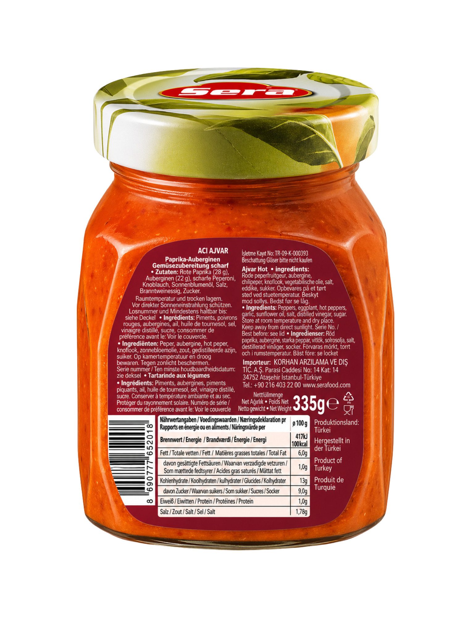 SERA FOOD Saucen Sera Ajvar Mild Paprika Aubergine Aufstrich, 1 x, Vegan, vegetarisch, mild, streichfähig, servierfertig.