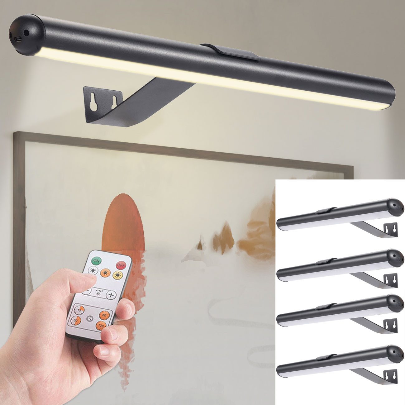 shop'n smile ideoon LED Wandleuchte Dimmbare Bildleuchte Fernbedienung&Touch-Schalter 4400 mA Akku, LEDs, warmweiss, kaltweiss, naturweiss, 40 LEDs, 4 Lichtfarben, 12–20 Std. Laufzeit & Timer 15–60 Min