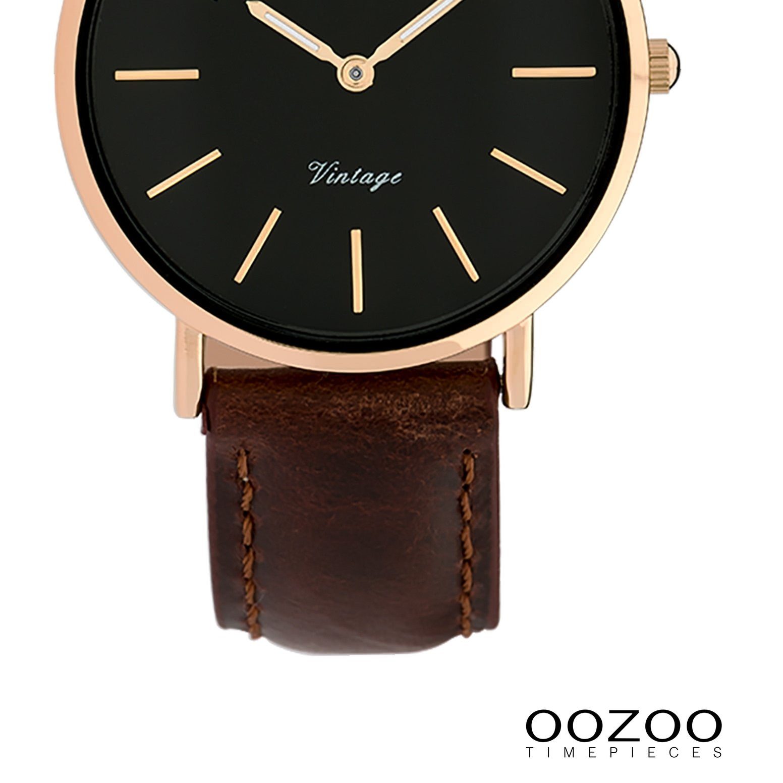 OOZOO Quarzuhr Oozoo Damen Armbanduhr Vintage, (Analoguhr), Damenuhr rund, mittel (ca. 32mm), Lederarmband braun, Fashion