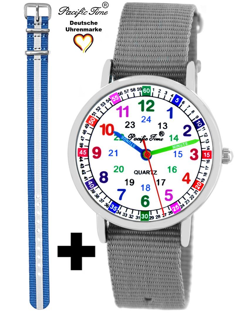Pacific Time Quarzuhr Set Kinder Armbanduhr Lernuhr Wechselarmband, Mix und Match Design - Gratis Versand grau und Reflektor blau