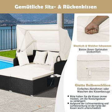 COSTWAY Loungebett, Rattan, 2-Personen, mit einziehbarem Sonnendach, Kissen