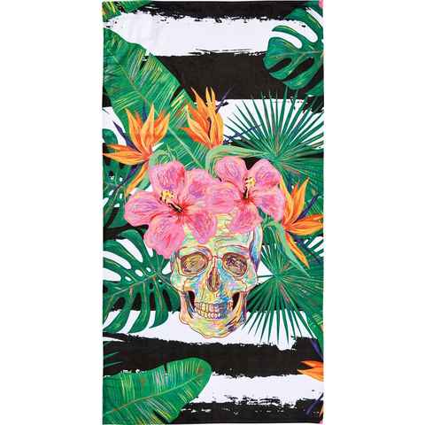 done.® Strandtuch Summer Skull, Hamam Frottier (1-St), gestreift & Motiv, mit Reisverschluss-Tasche für Wertgegenstände