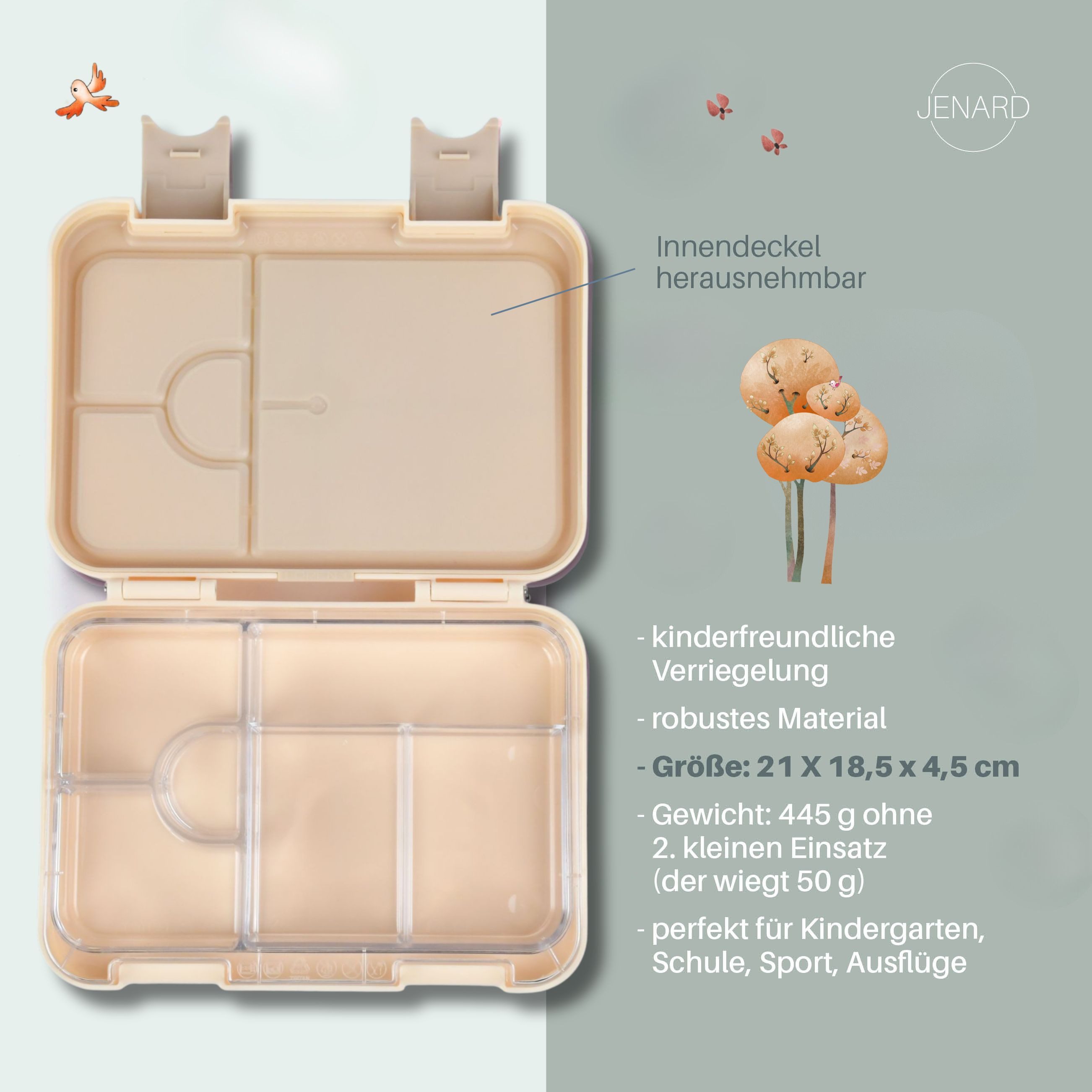 JENARD Lunchbox JENARD Brotdose Kinder Bento Box mit herausnehmbaren Fächern, auslaufsicher, robust, BPA-frei, lebensmittelecht, leicht zu öffnen