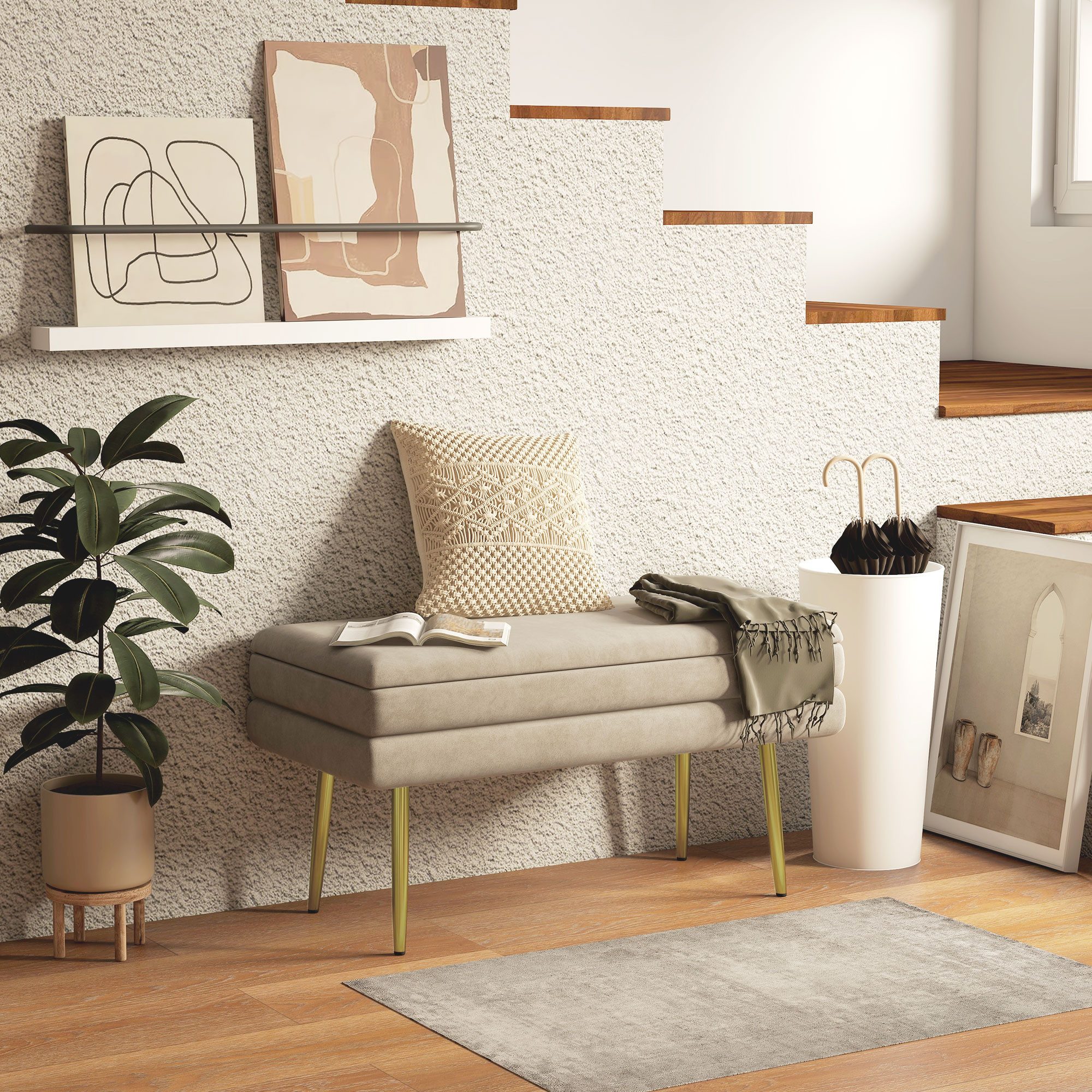 HOMCOM Sitzbank mit Samtoptik (Bettbank mit Stahlbeine, 1-St., Polsterbank mit Stauraum), für Wohnzimmer, Schlafzimmer, Beige, 79,5 x 37,5 x 43 cm