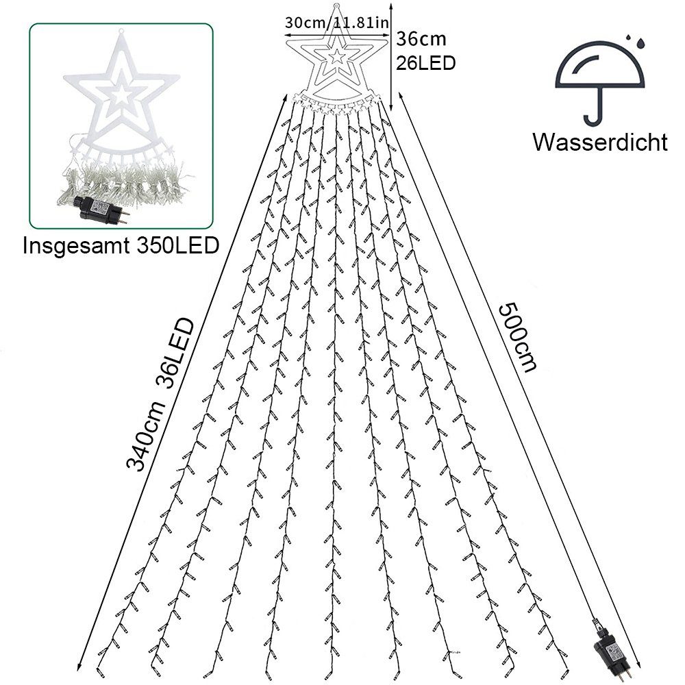 Rosnek LED-Lichterkette 9 Stränge*3.4M, 8 wasserdicht, für Modi, Weihnachten Stern Weiß mit Topper Garten Deko, Wasserfall-Weihnachtsbaumlichter