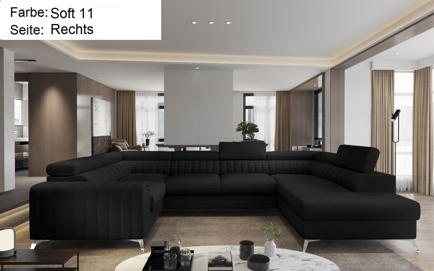Lukas Möbel Wohnlandschaft Wohnlandschaft Linus mit Schlaffunktion Bettkasten XXL-Sofa in U-Form, mit verstellbaren Kopfstützen