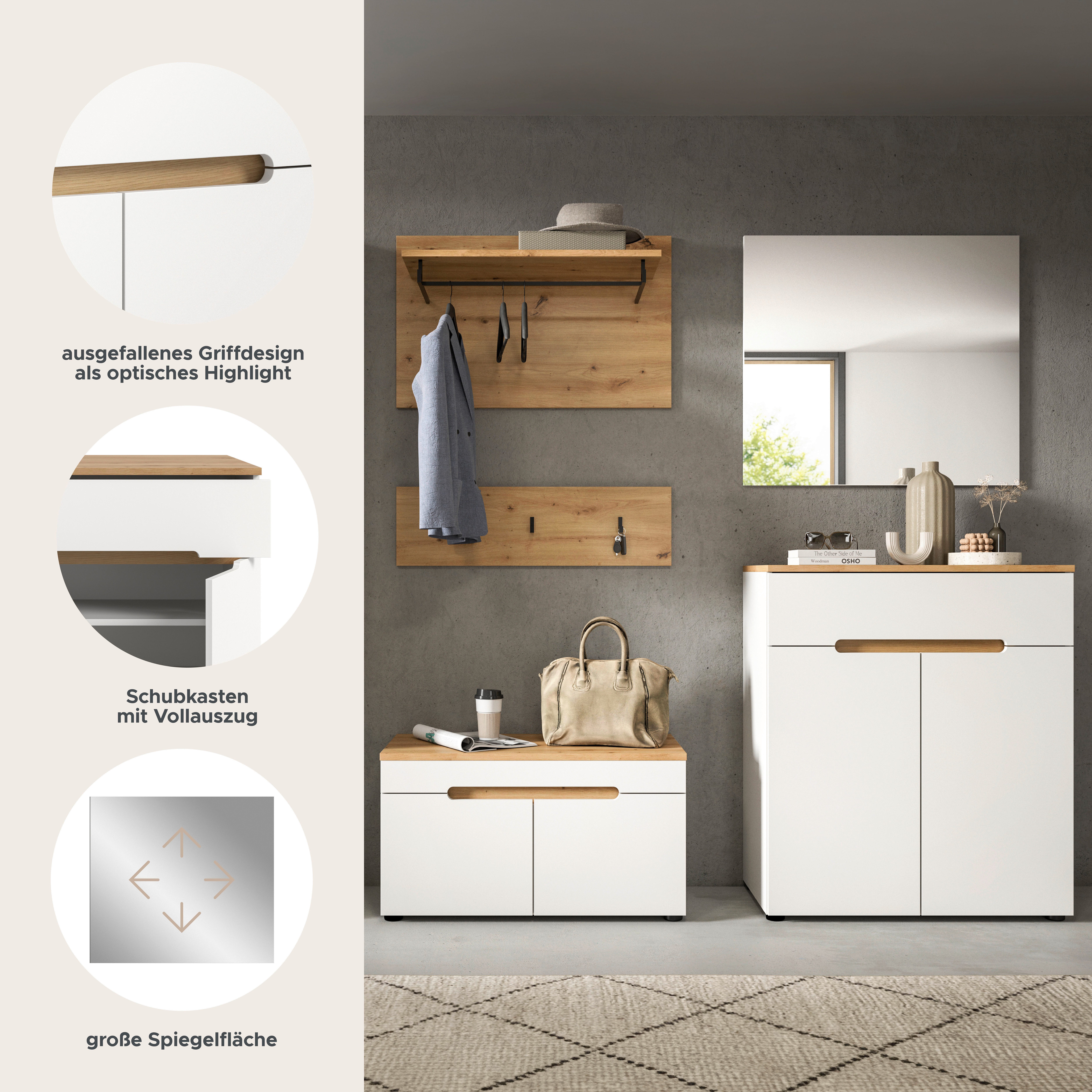 Home affaire Garderoben-Set REHAT, TOPSELLER!, 5-teilig, Breite 175cm, individuell stellbar, (Set, 4-St., bestehend aus: Sitzbank, Paneel, Hakenleiste, Spiegel, Kommode), Garderobenkombination, Kombination, Set, Flurgarderobe, Diele