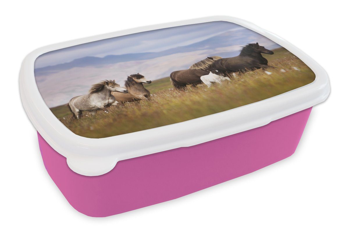 MuchoWow Lunchbox Pferde - Gras - Berge, Kunststoff, (2-tlg), Brotbox für Erwachsene, Brotdose Kinder, Snackbox, Mädchen, Kunststoff rosa