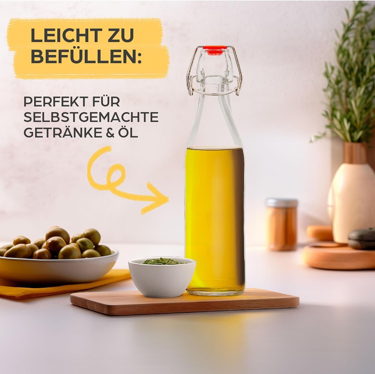 Praknu Trinkflasche 6er Set Glasflaschen 500ml Bügelverschluss Eckig - Bügelflaschen, Bügelverschluss Eckig - 6 Etiketten mit Stift und 6 Extra Dichtungen