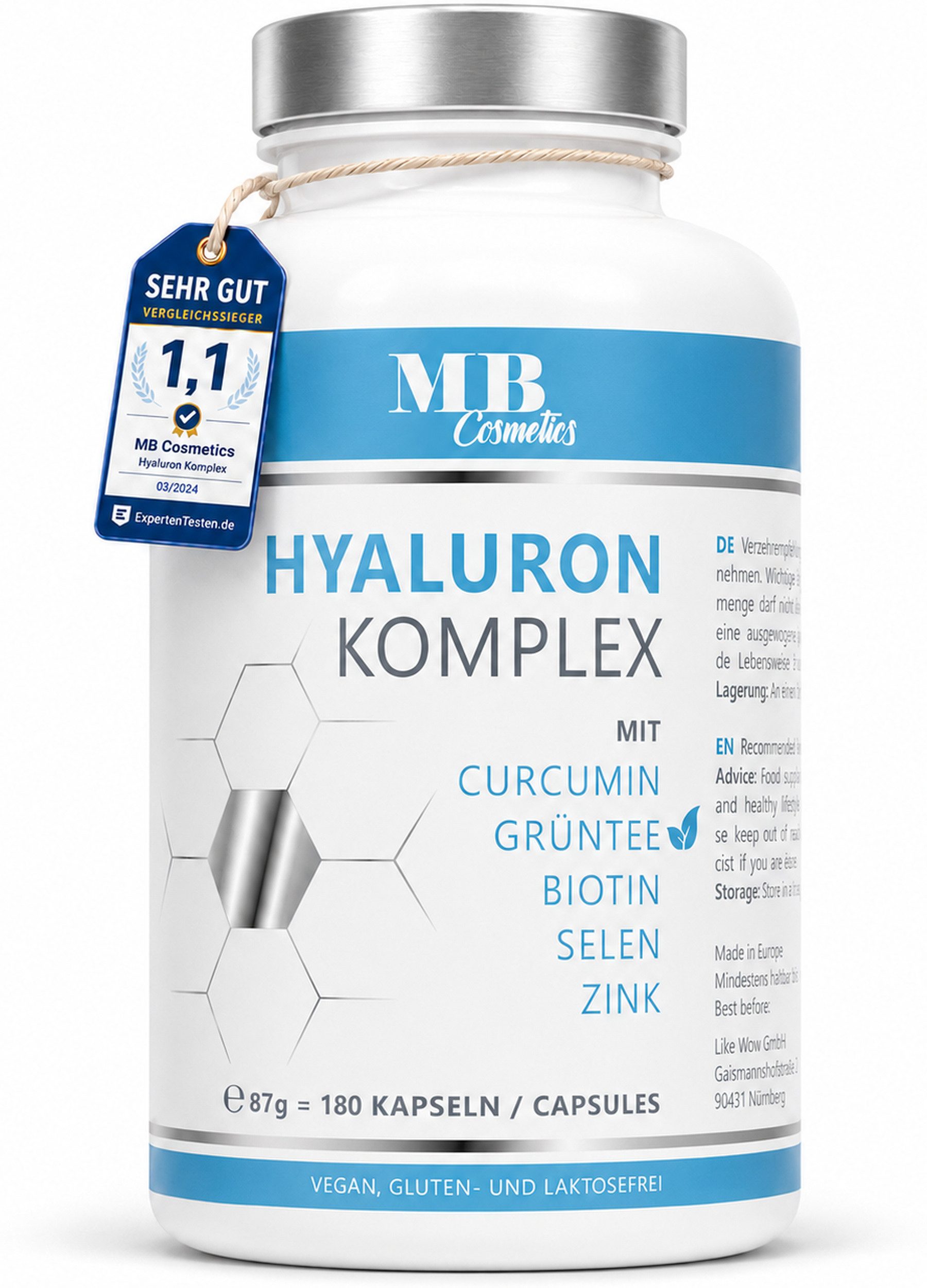 Medical Beauty Cosmetics Hyaluron Komplex 600mg mit Grüntee, Biotin, Selen, Curcumin 180 Kapseln, 1 er Packung à 79 g, Vegan, hochdosiert & laborgeprüft, 3-Monats-Vorrat