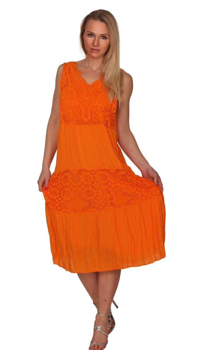 Charis Moda Sommerkleid Trägerkleid Midi mit Häkelspitzendetails Orange