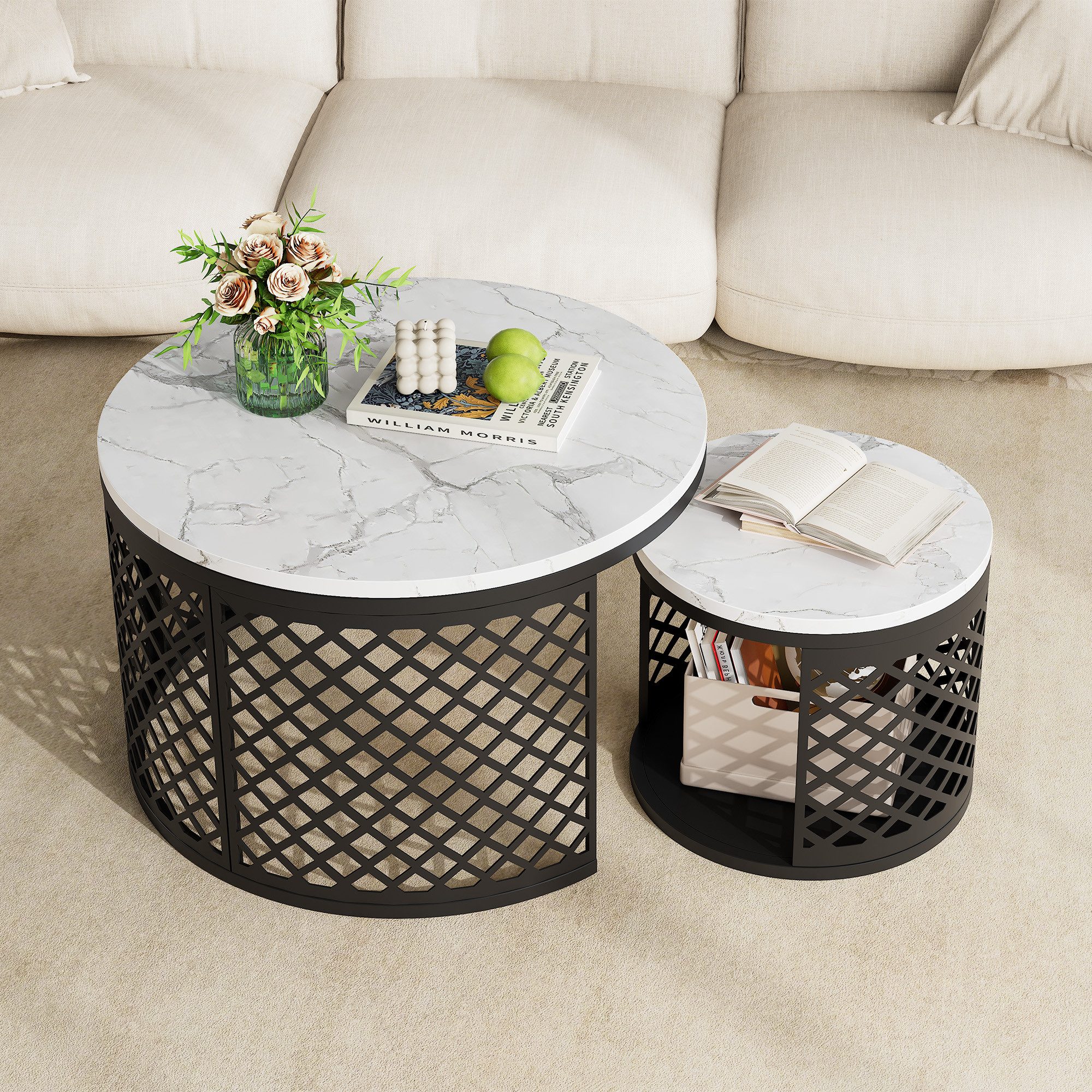 OKWISH Couchtisch Set 2-tlg rund Marmoroptik Metallgitter Nesting Design (Packung, 1-St., Stabiler Metallrahmen, kratzfeste Oberfläche, einfache Selbstmontage), Platzsparend stapelbar, unterstellbarer Beistelltisch mit Ablagefläche