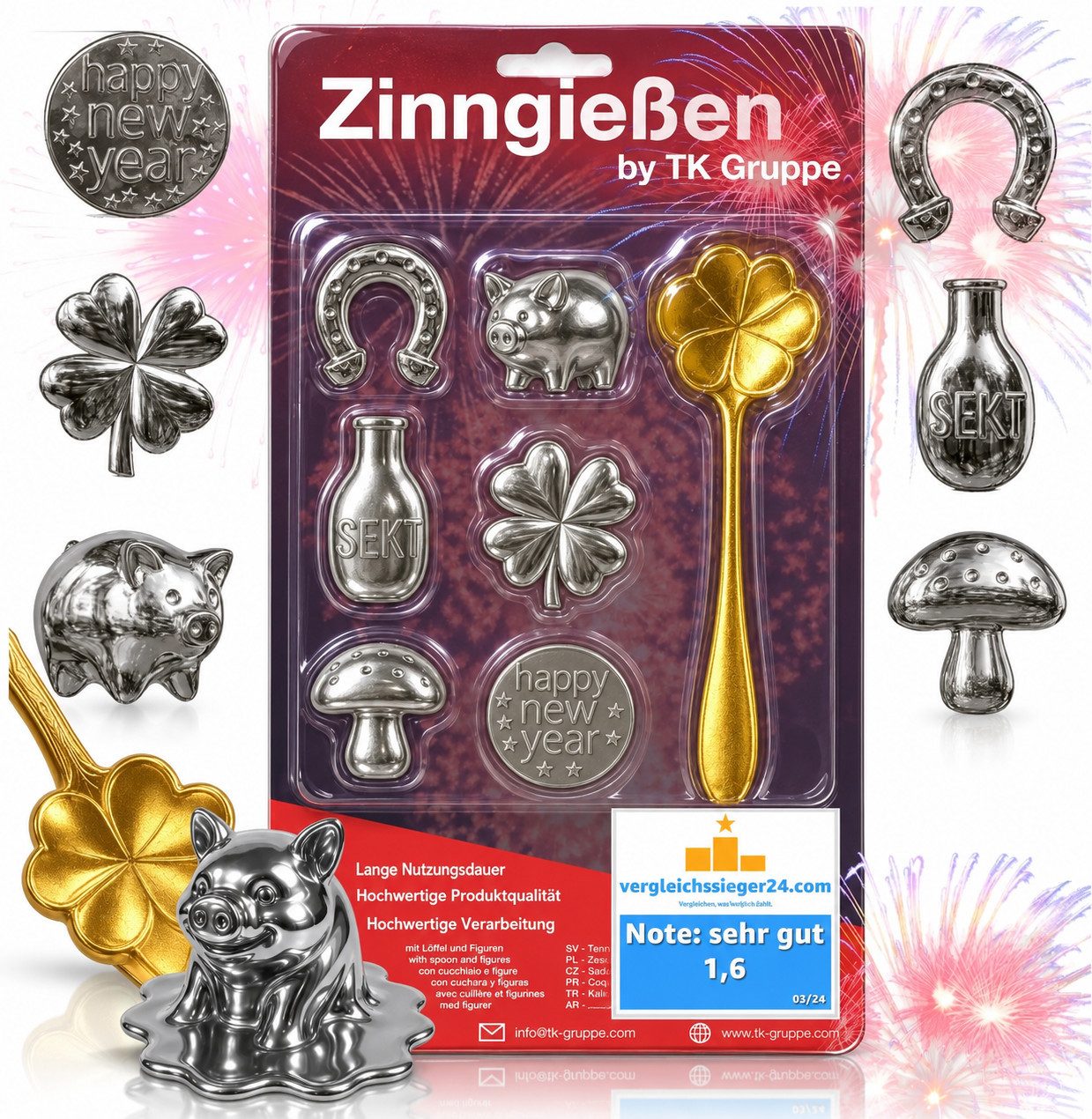 happy sparks® Spiel Zinngießset für Silvester, 6 Figuren und 1 Löffel, Gesellschaftsspiel, ungiftig von happy sparks®