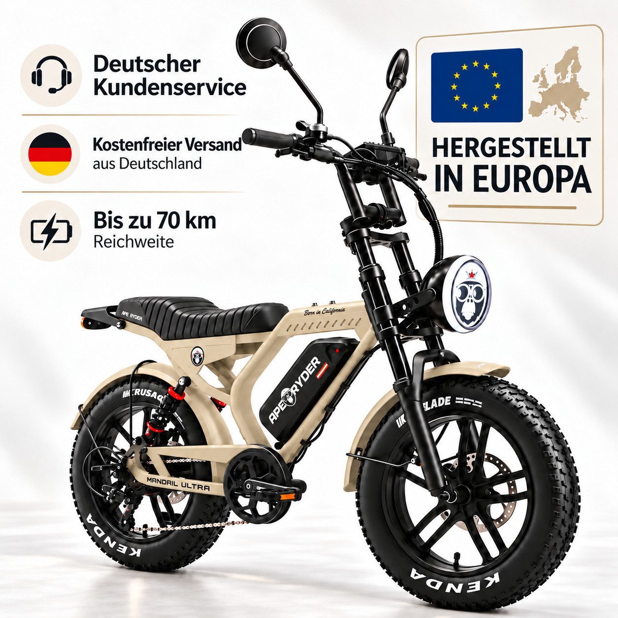 APE RYDER E-Bike Mountainbike 20 Zoll Fatbike 48V 15Ah Akku, bis 80 km, Shimano 7-Gang, hydraulisch, 7 Gang, Heckmotor, 720 Wh, (Packung)