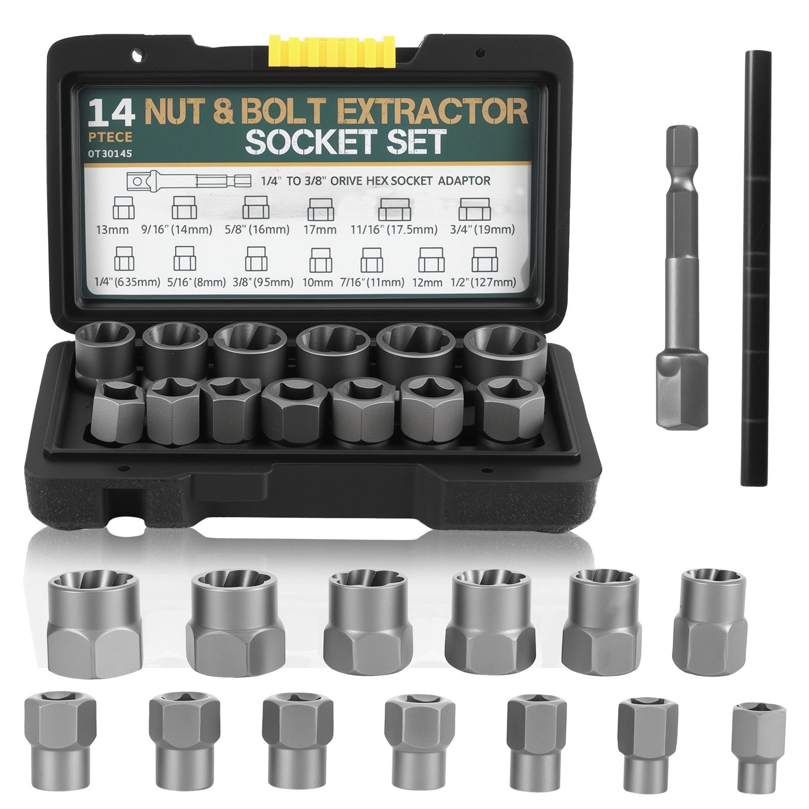 BlingBin Gewindebohrer 15-Teiliges Muttern Entferner Set, Schraubenausdreher Satz, 1er Set, 15-tlg., für Schrauben von 6,35–19 mm, Screw Extractor Set für Muttern, Schrauben und Bolzen