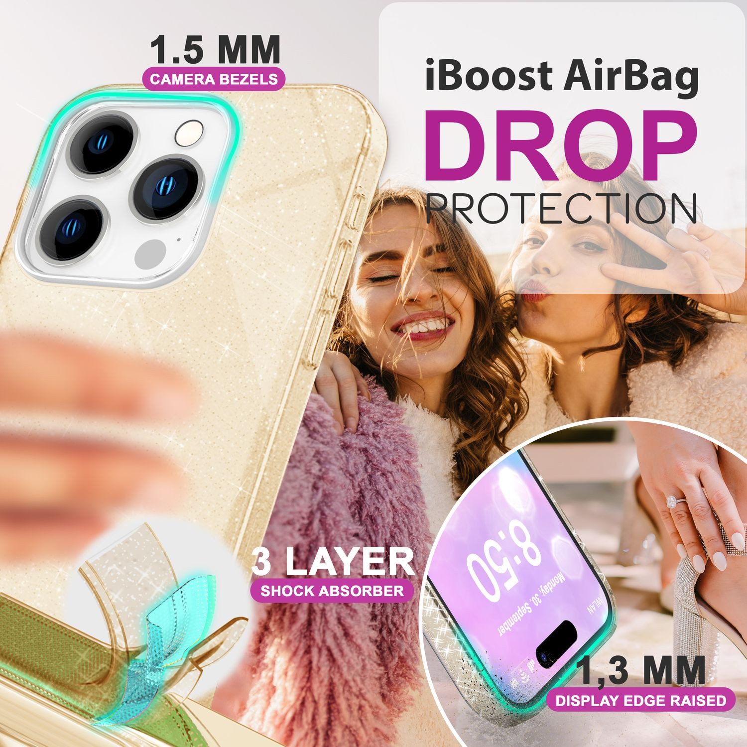 Nalia Smartphone-Hülle Apple iPhone 16 Pro 16 cm (6,3 Zoll), Glitzer Silikon Hülle / Verstärktes Glitter Cover / Glänzendes Case
