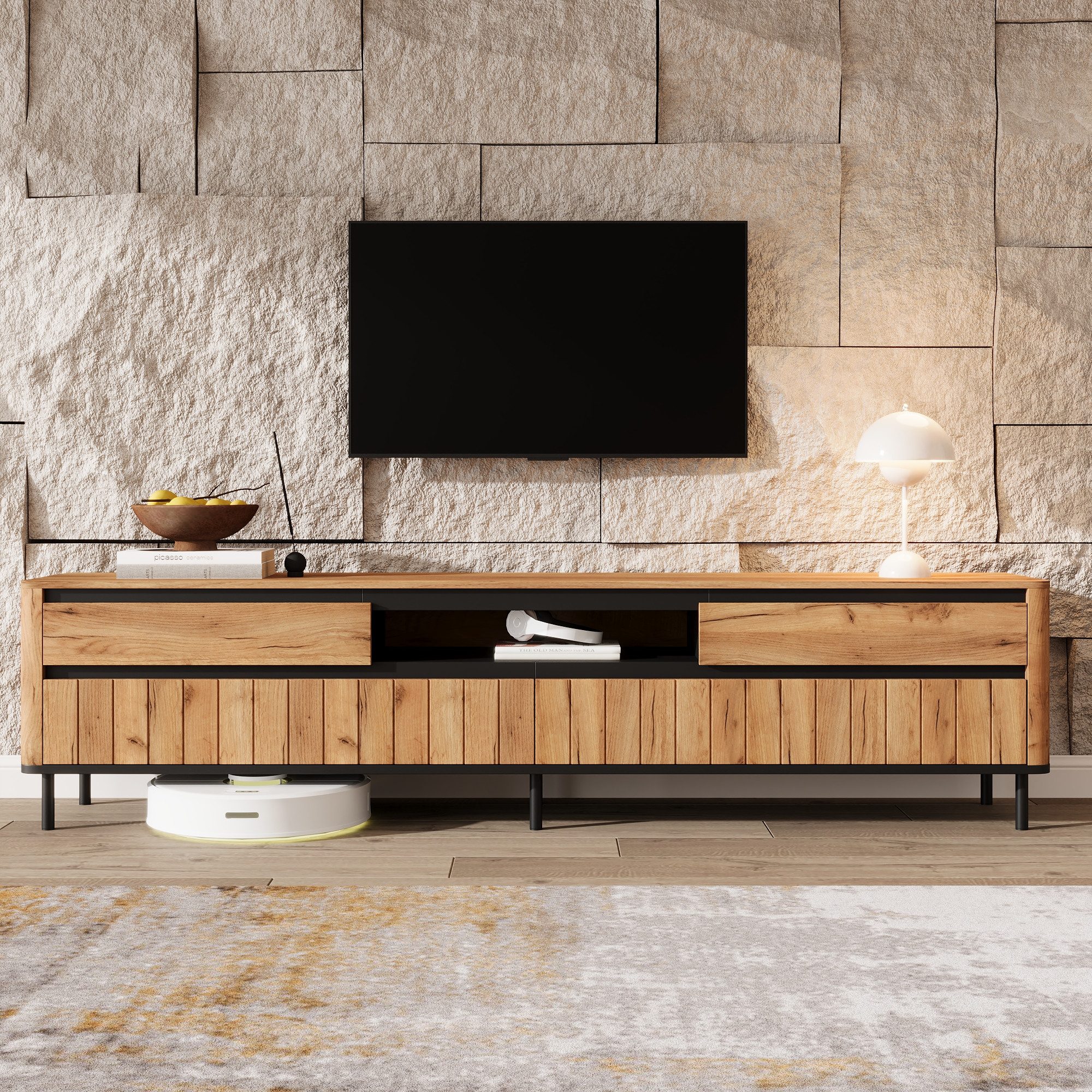 HAUSS SPOLE TV-Schrank für 75 Zoll,Fernsehschrank Lowboard mit Klapptüren & Metallfüße,Natur (Fernsehschrank 180x40x52cm mit zwei Klapptüren und sechs Metallfüße) Wohnzimmer-TV-Möbel mit Kabelmanagement
