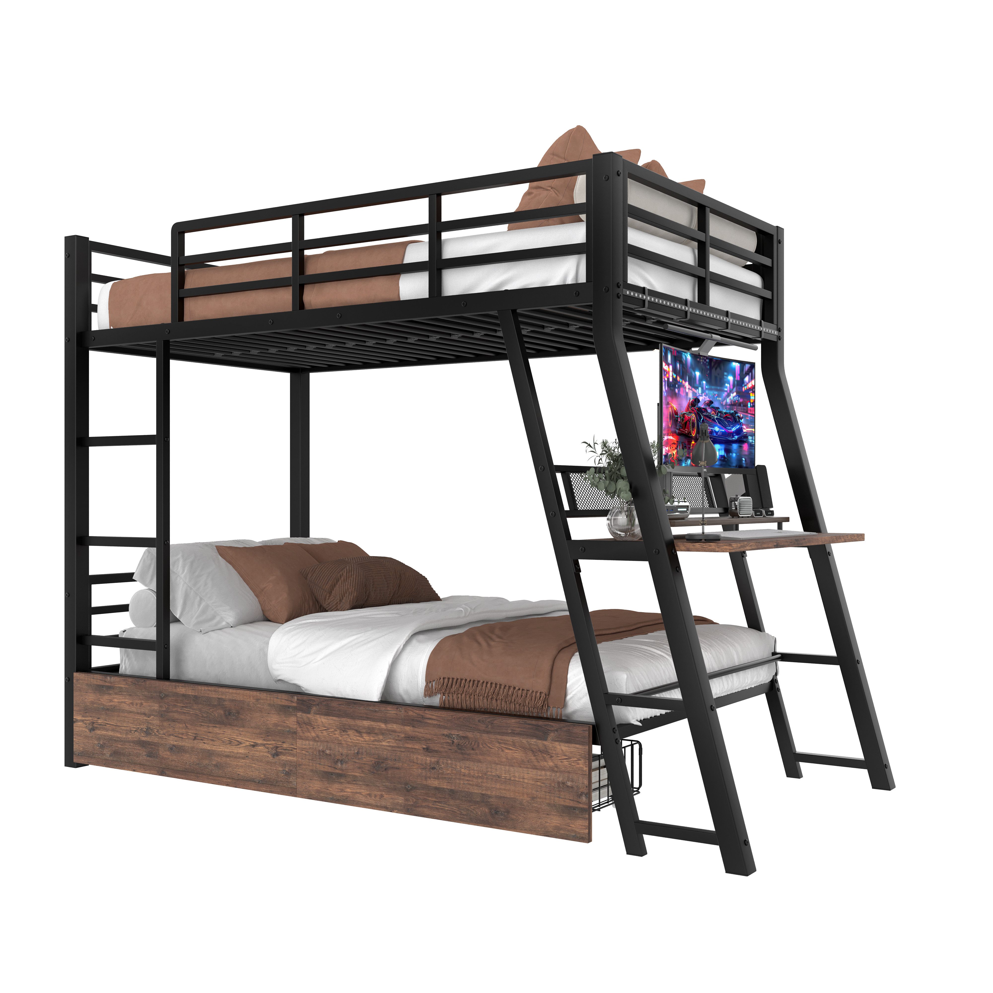SOFTWEARY Etagenbett mit LED-Beleuchtung und Schreibtisch günstig online kaufen