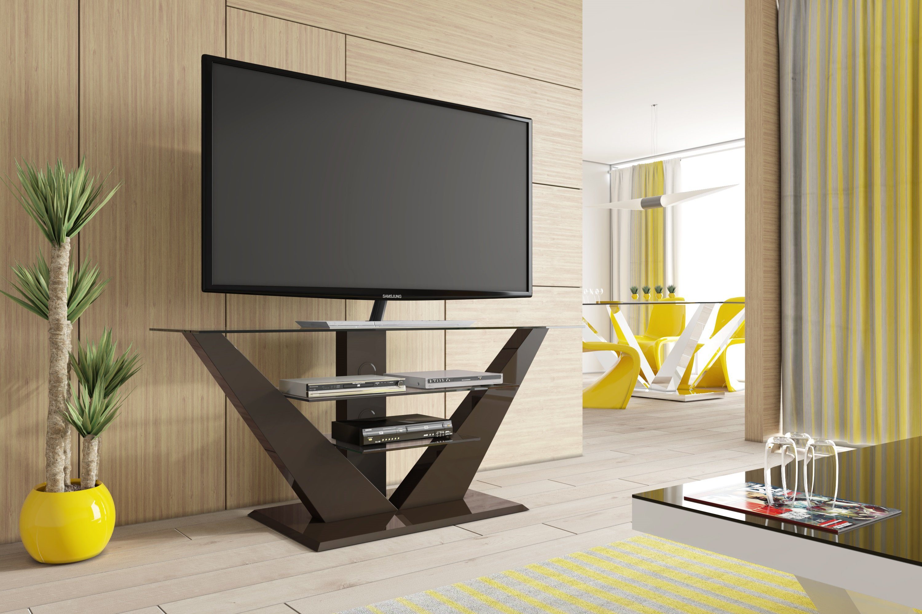 designimpex Design Fernsehtisch HL-111 Grau Hochglanz Glas TV Möbel Rack  LCD TV-Wandhalterung
