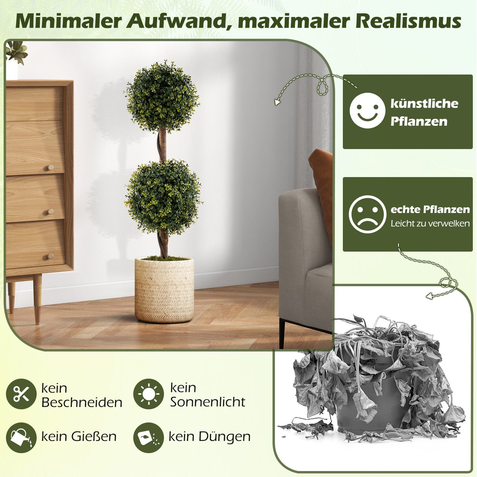 Kunstbaum Buchsbaumkugel Bäumen, COSTWAY, Höhe 90 cm, Kunstpflanze Buchsbaum Topfpflanze Zimmerpflanze Deko