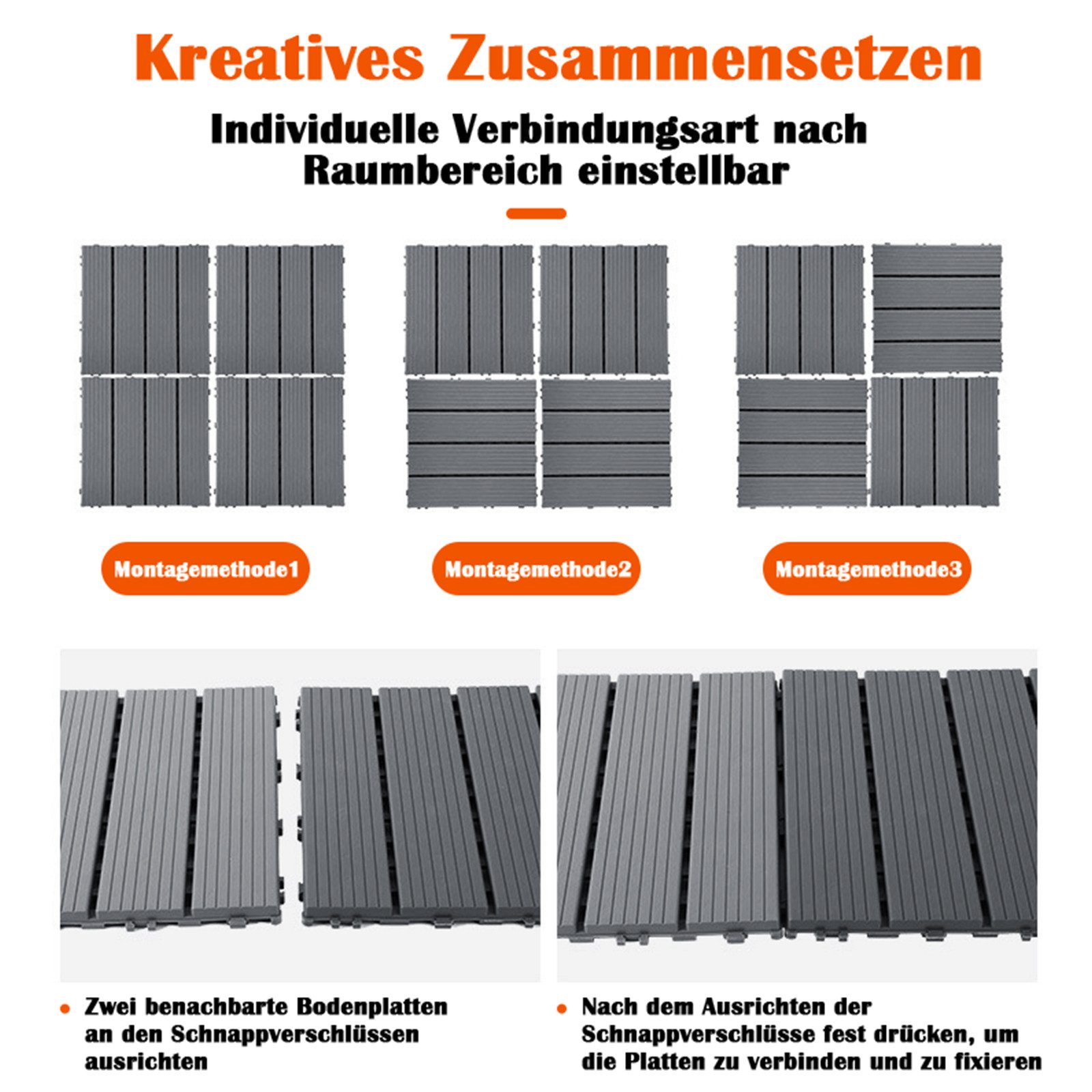 GLIESE Terrassendielen Terrassenfliesen 44er Set mit Klicksystem, 30 x 30 x 2 cm, 3,96 m², BxL: je 30x30 cm, 20 mm Stärke, (Set, 44-St., Dunkelgrau), für Garten – Bild 4 von 5