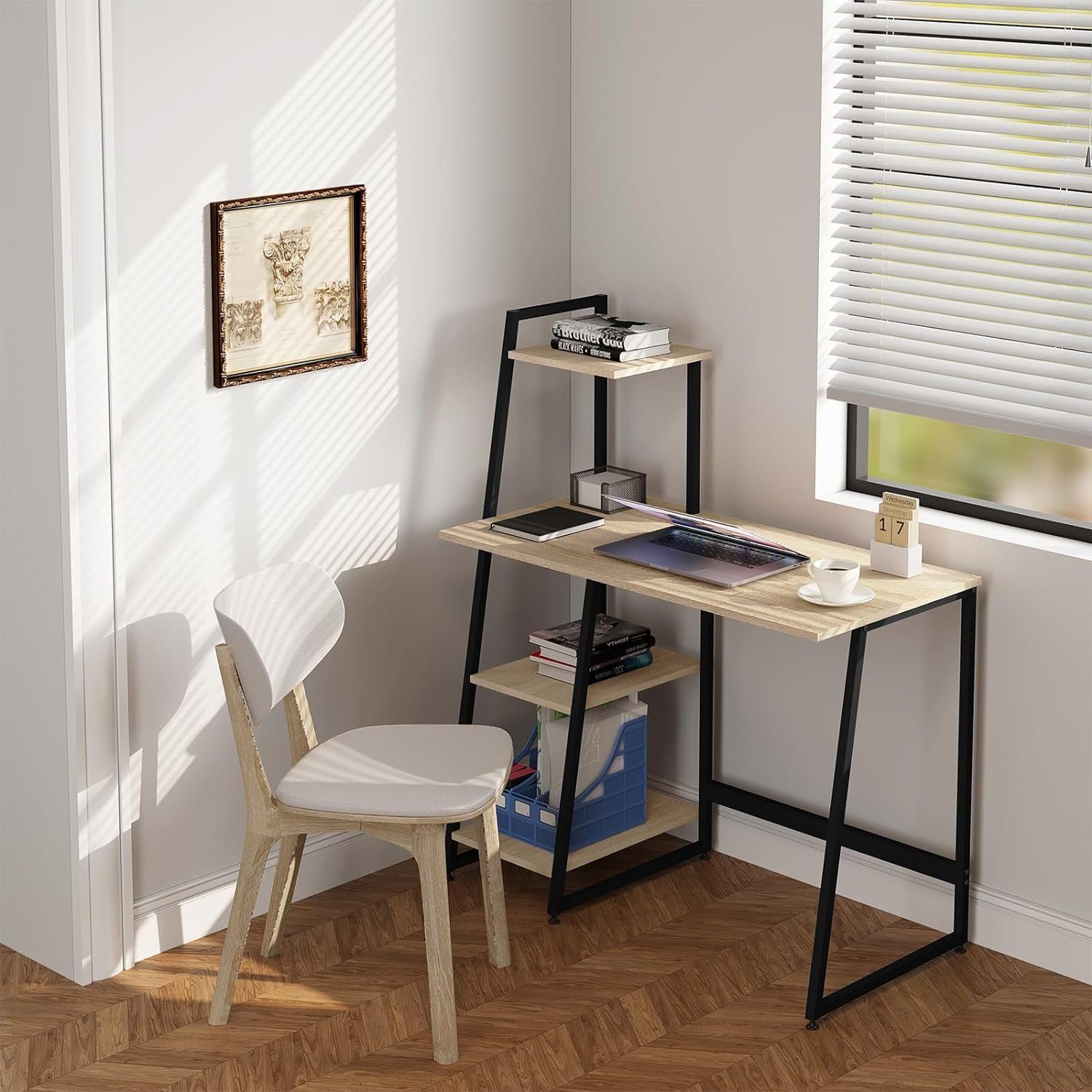 EUGAD Schreibtisch (1-St), mit 3 Regalen, aus Metall Holzwerkstoff Stauraum Hell eiche | Schwarz | Helleiche | Schreibtische