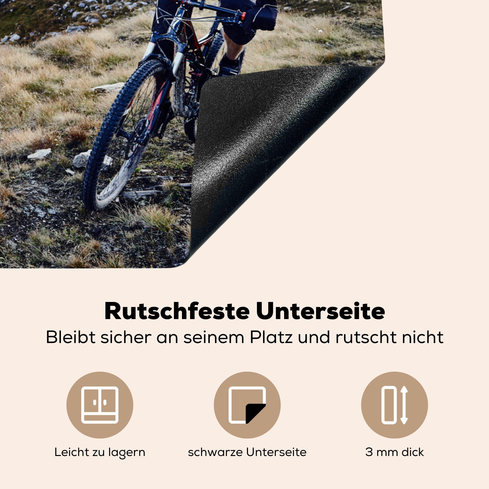 MuchoWow Herdblende-/Abdeckplatte Mountainbiker in Ceranfeldabdeckung cm, die für Schweiz, tlg), Vinyl, küche, Induktionskochfeld Schutz 81x52 der (1