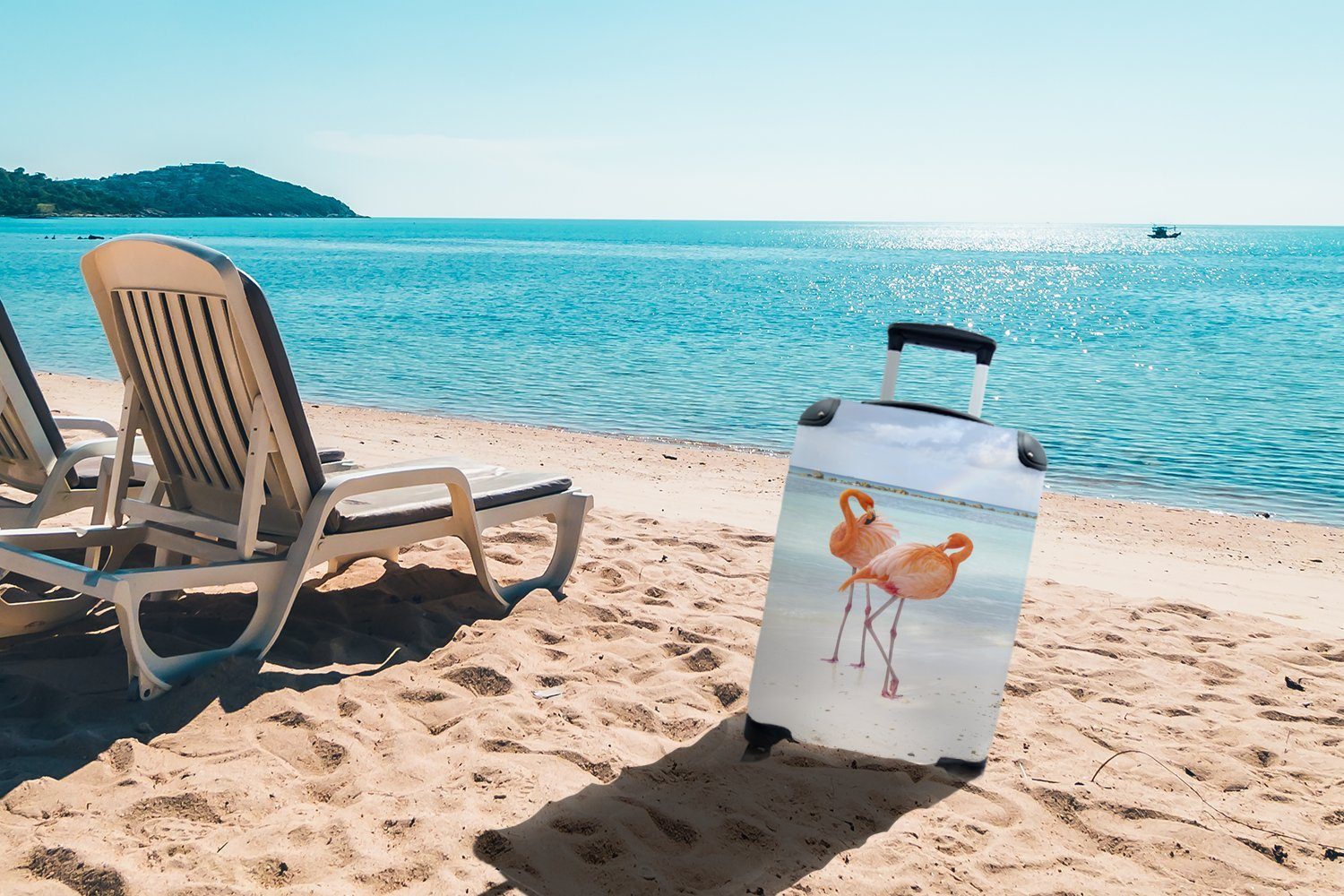 Reisekoffer Reisetasche für Sommer, Meer mit - Trolley, MuchoWow Handgepäck rollen, - Ferien, Flamingo 4 Handgepäckkoffer Rollen,