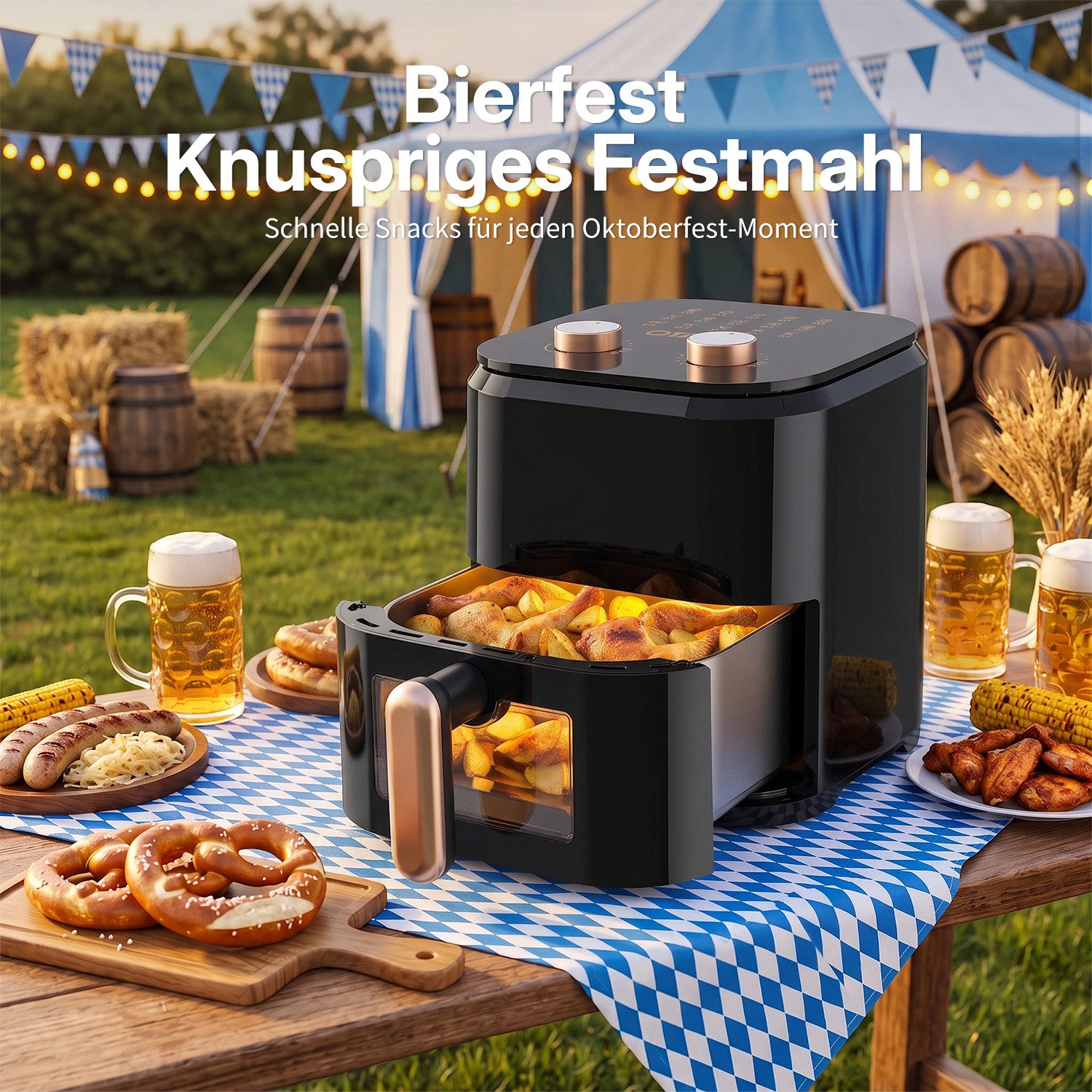 oyajia Heißluftfritteuse Airfryer 5L mit Sichtfenster, Drehknopf für Temperatur & Timer, Ohne ÖL, Kompakter Heißluftfritteuse mit 15 Menüoptionen, 1500 W, 3D-He – Bild 2 von 5