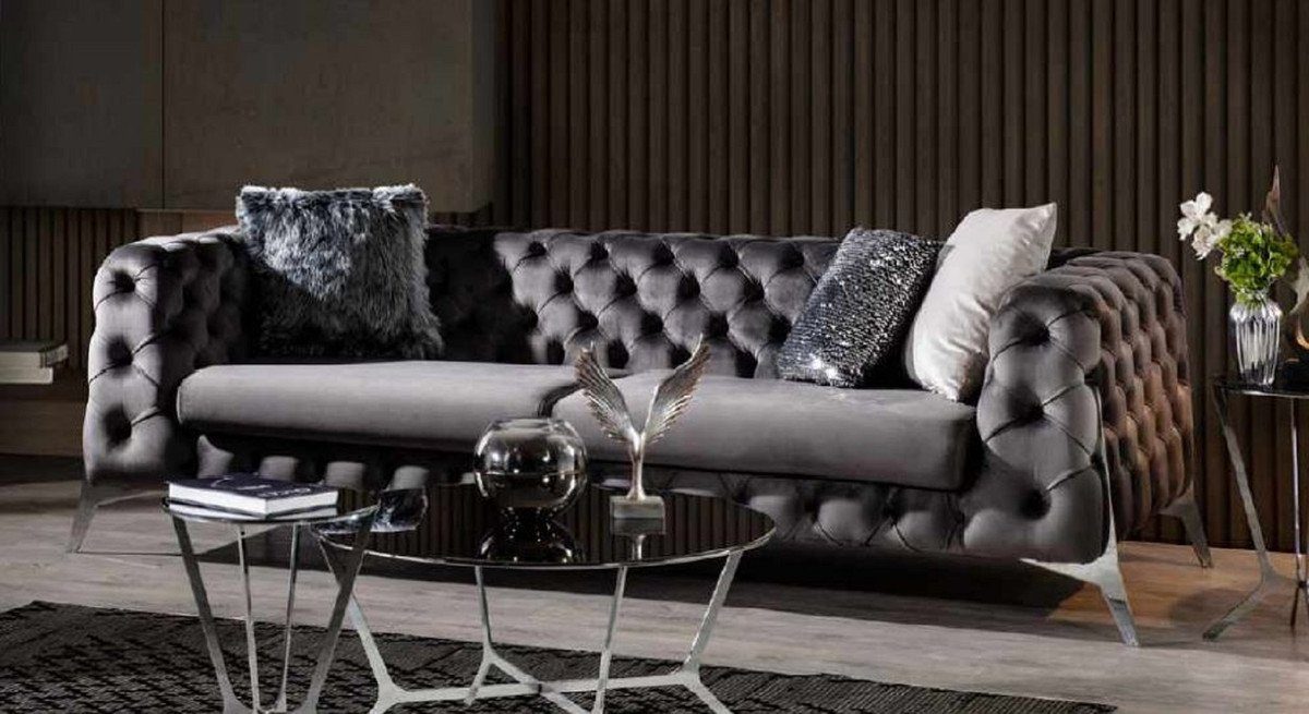 Casa Padrino Chesterfield-Sofa Luxus Chesterfield Sofa Grau / Silber 240 x 100 x H. 72 cm - Wohnzimmer Sofa - Chesterfield Wohnzimmer Möbel