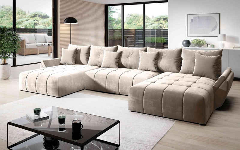 Furnix Schlafsofa CALVANI U Polstercouch in U-Form mit Bettkasten Kissen, 382 x 190 x 71/91 cm, hochwertig, made in Europe