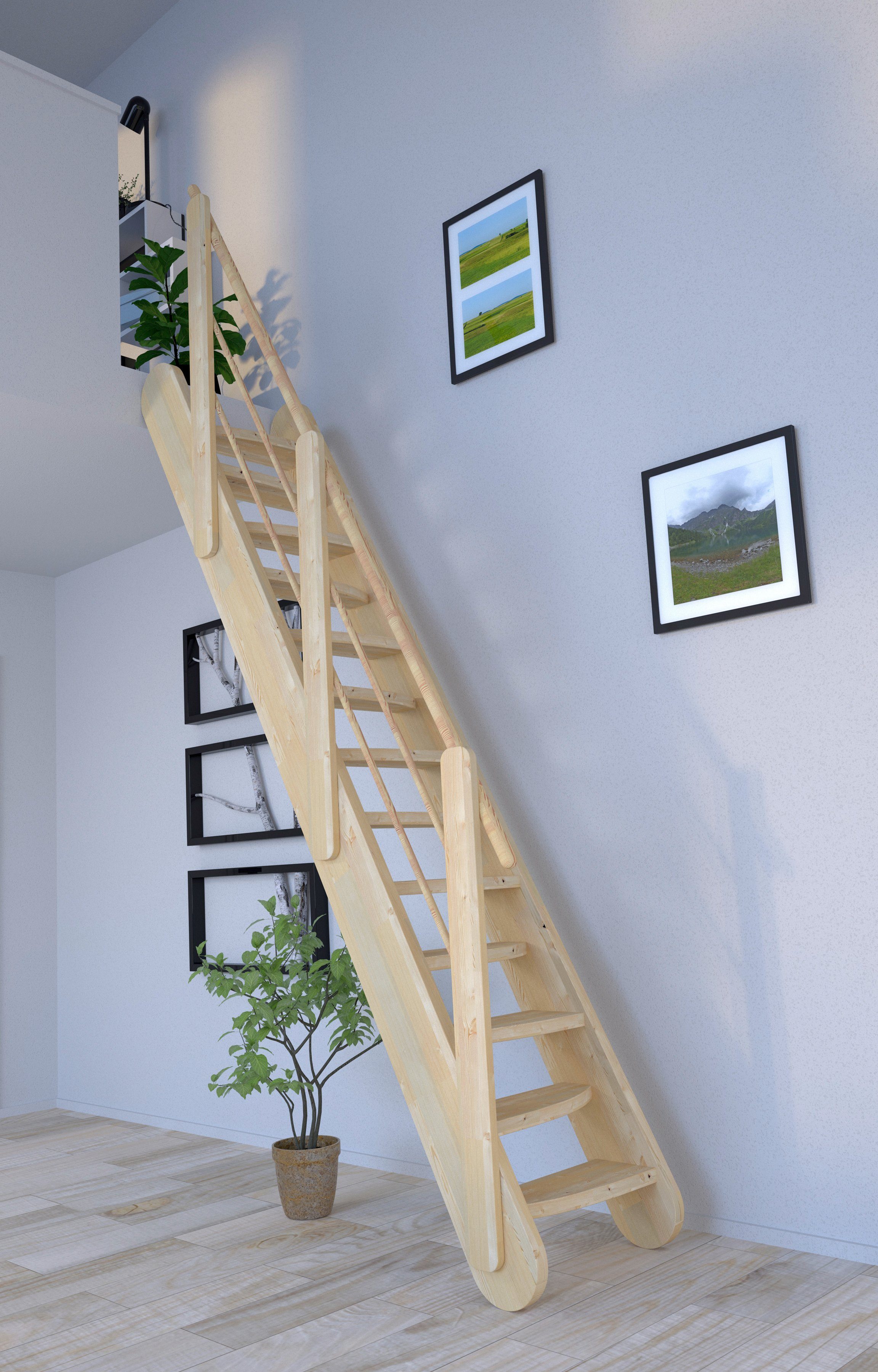 Starwood Raumspartreppe Massivholz Samos, Holz-Holz Design Geländer, Stufen offen, Durchgehende Wangenteile