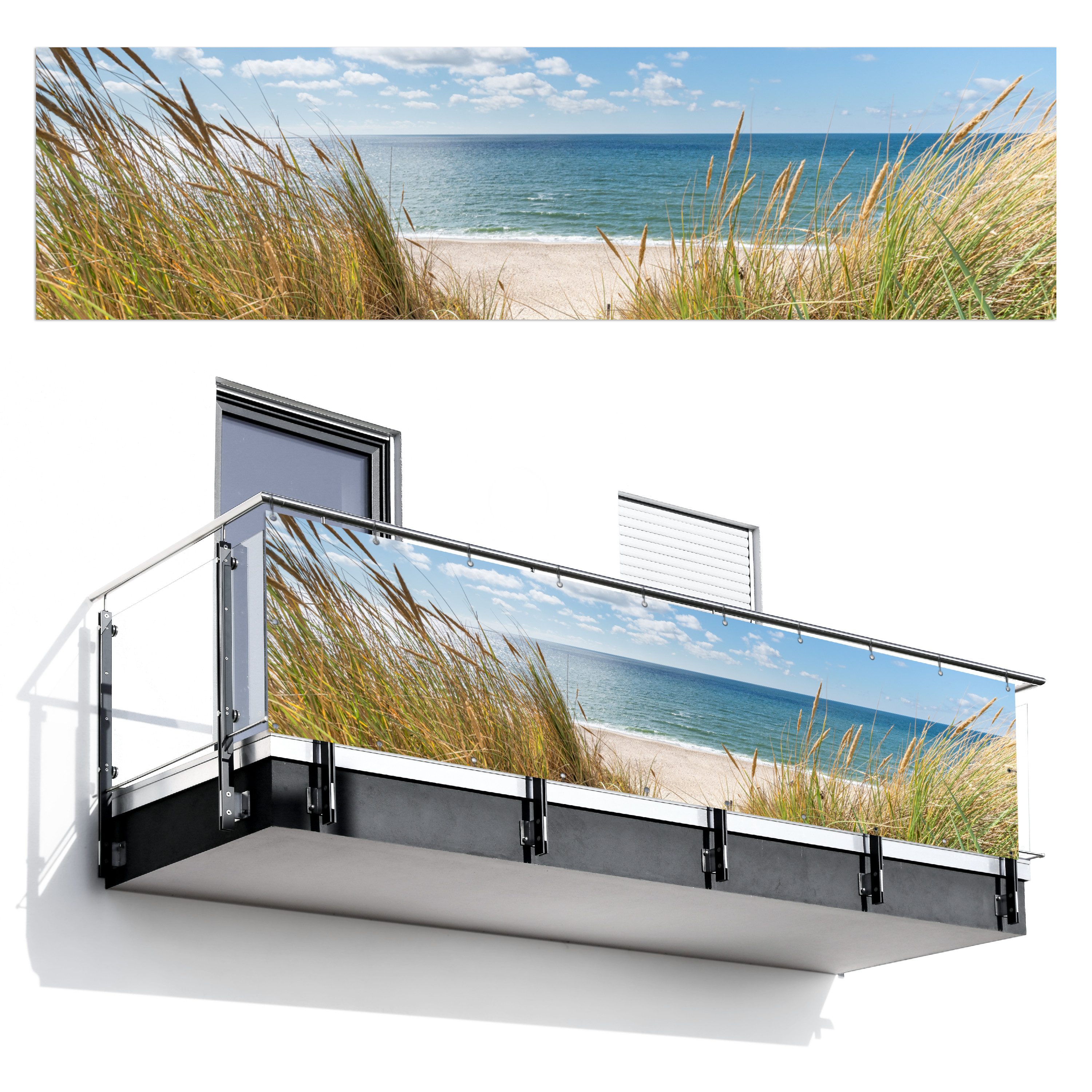 MuchoWow Balkonsichtschutz Düne - Gras - Meer - Strand (1-St) Wind- und Sichtschutz für den Balkon Terrassen, 300x85 cm