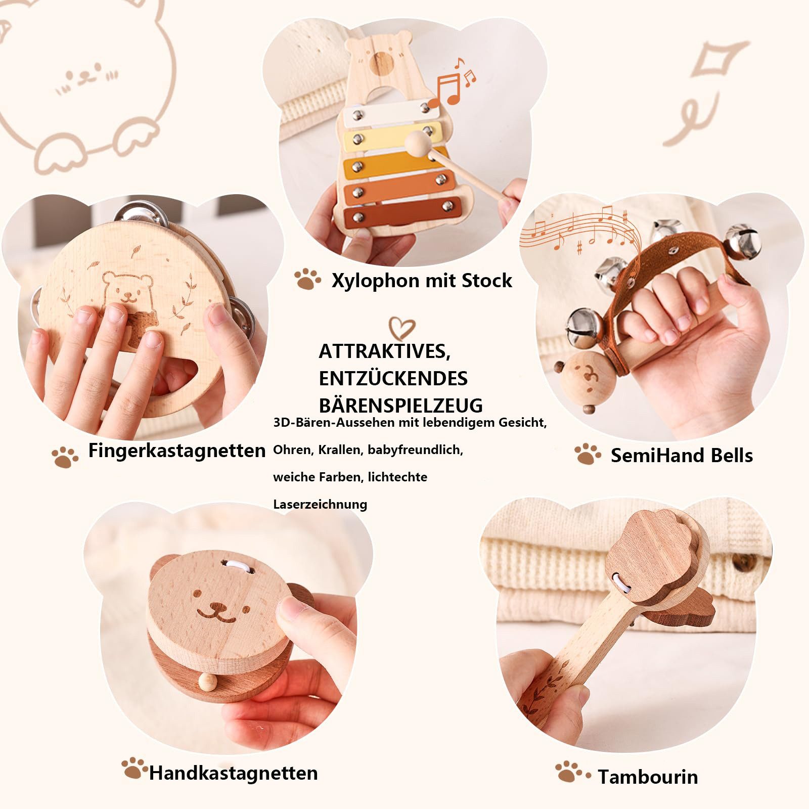 CLTYQ Spielzeug-Musikinstrument Bär Musikinstrumente Baby Musikinstrumente Montessori-Holzspielzeug, für Kinder ab3Jahr, Schlagzeug Xylophon Tamburin Instrumente