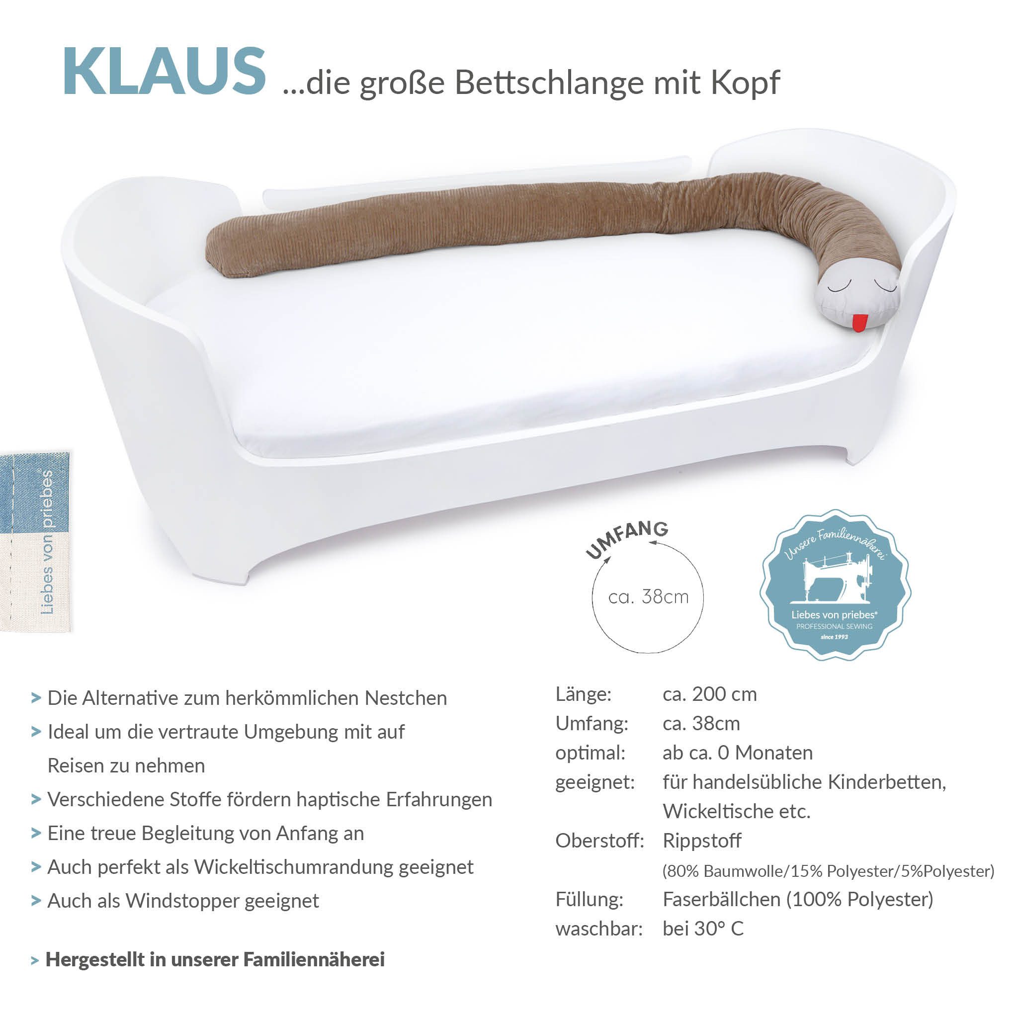 Liebes von priebes Bettnestchen KLAUS Bettschlange, Bettumrandung, Bettnestchen, groß, Nestchen, Liebe