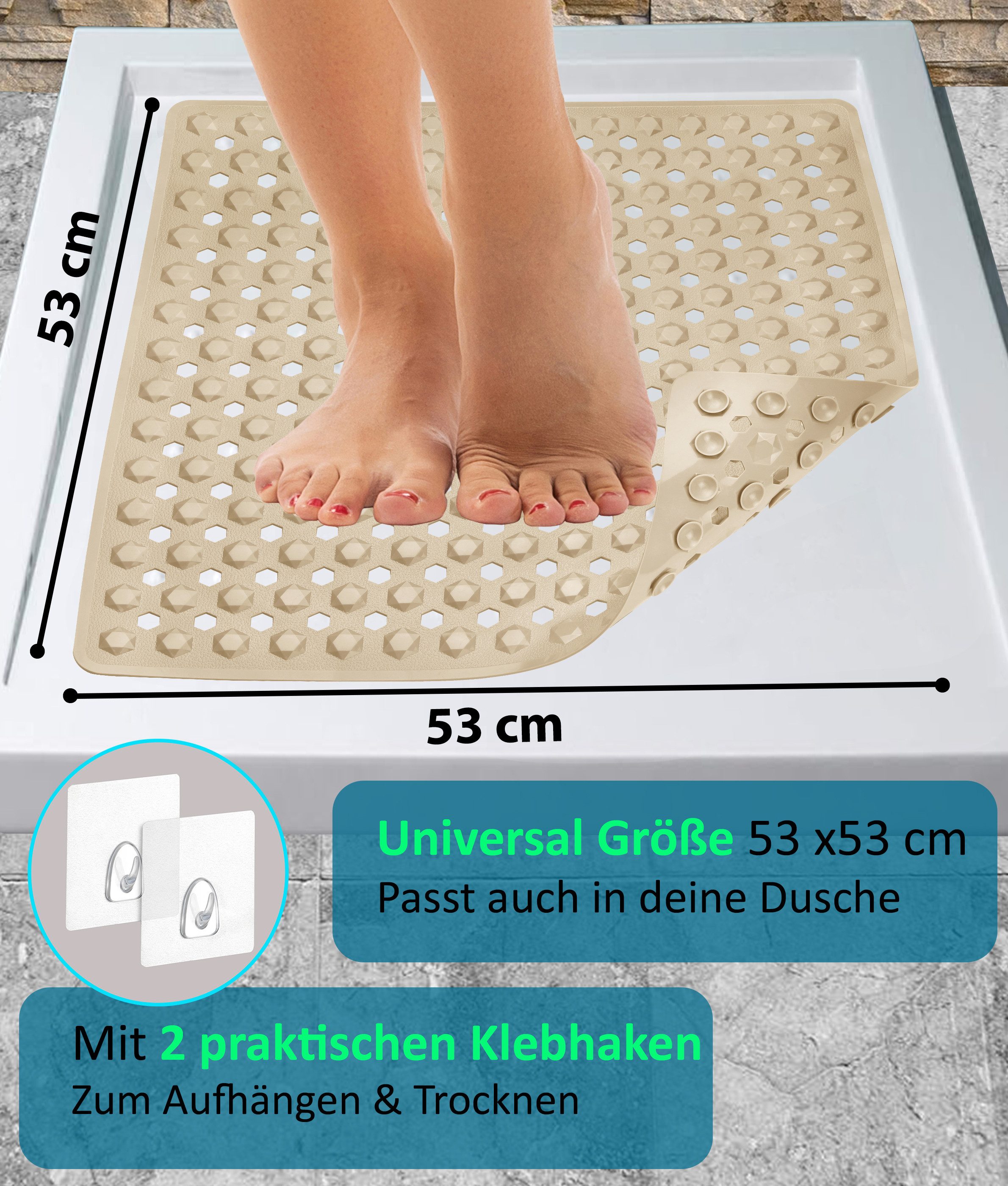 Blumbach Duschmatte - griffige Antirutschmatte Diamant 53 x 53 cm, - 100% BPA-frei, inkl. 2 Haken zum Aufhängen, Duscheinlage, schimmelressisten & maschinenwasc – Bild 3 von 5