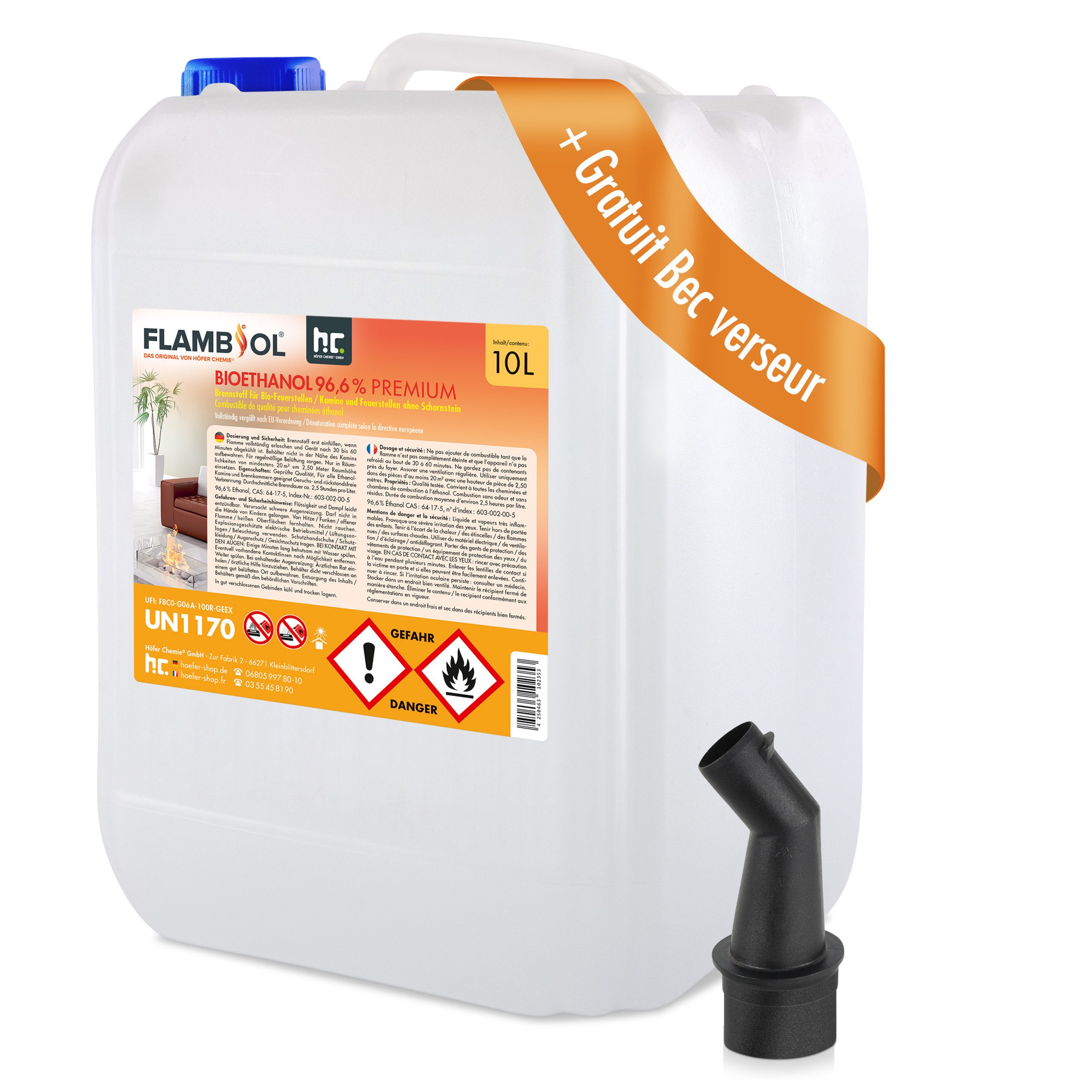 Höfer Chemie GmbH Bioethanol 10 L FLAMBIOL® Bioethanol 96,6% Premium für Ethanolkamin, 10 l, (1-St), Sauberer Brennstoff für Kamine und Feuerstellen